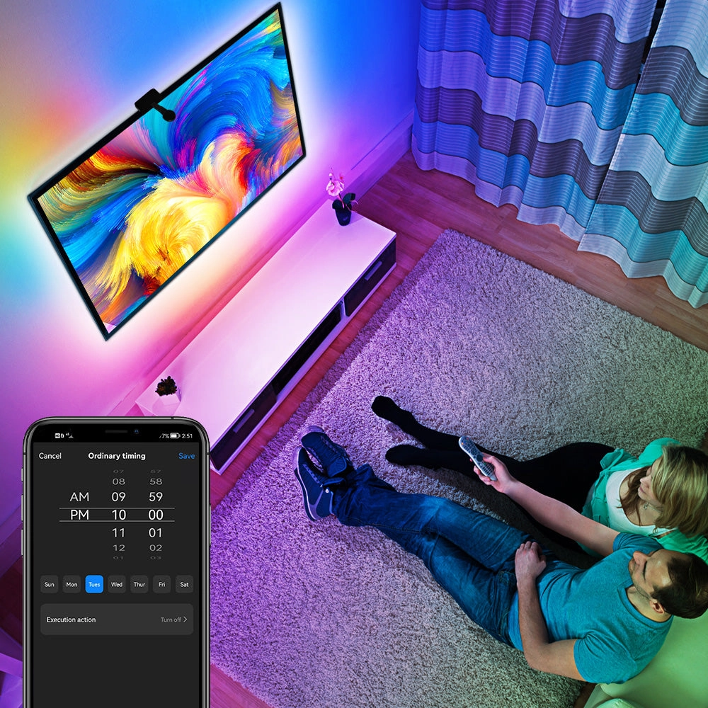LED TV Backlight with Camera, 3.8M RGBIC LED Strip Light for 55-65 inch TVs, Smart TV Lights with Bluetooth and Wi-Fi Control, Works with Alexa, Music Sync