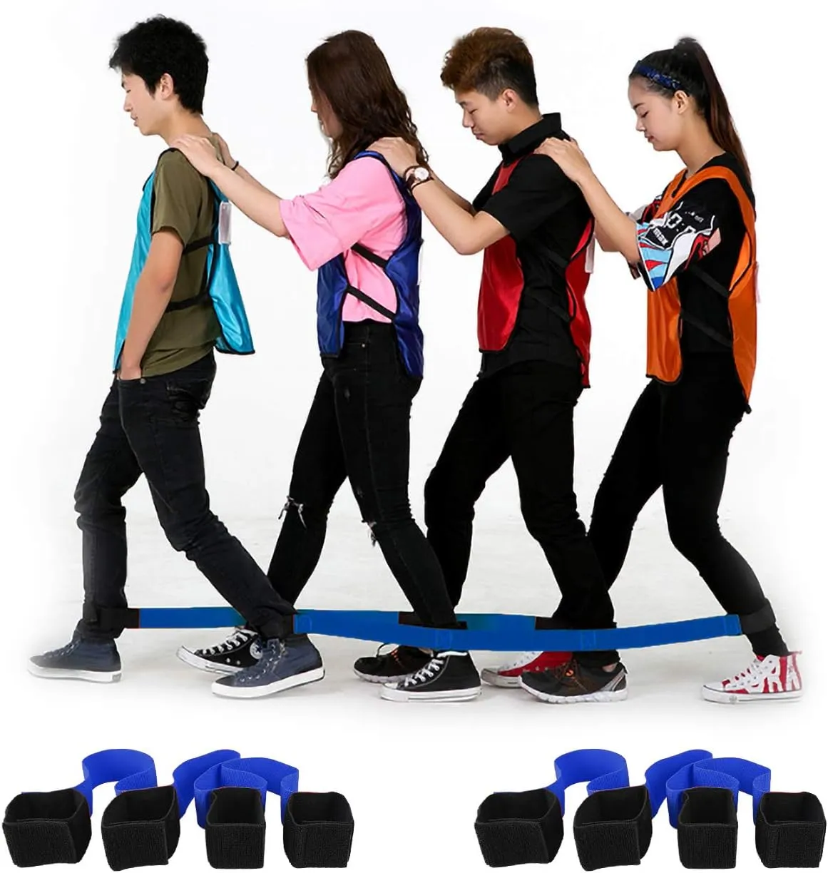 Legged Race Band For 4 ppl, Team Building, Outdoor Party Group Game for Kid Adult, Cooperative Team Race for Birthday Party, Relay Race, Field Day, Backyard Activity Game with Carrying Pouch(Blue)