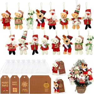 Lenwen 16 Sets 5.1 Inch Christmas Mini Plush Bear Stuffed Animal Plush Toy Small Bear Doll Christmas Tree Decorations Stockings with Xmas Gift Tags Bags for Party Favors Winter, 8 Styles(Classic)