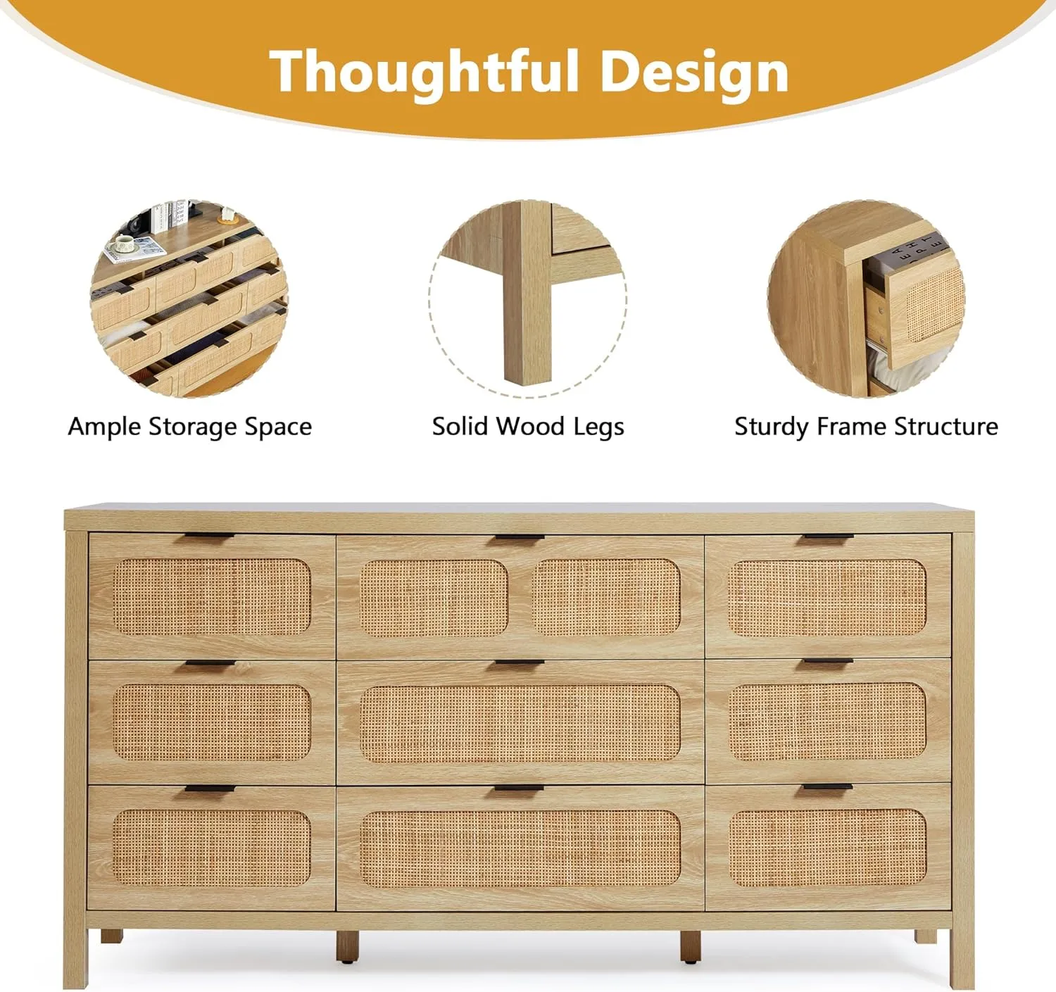 LEVNARY 9 Drawer Dresser for Bedroom, Rattan Dressers & Chest of Drawers, Large 58" Long Dressers Wooden Storage Organizer Dresser for Entryway, Living Room (Natural)