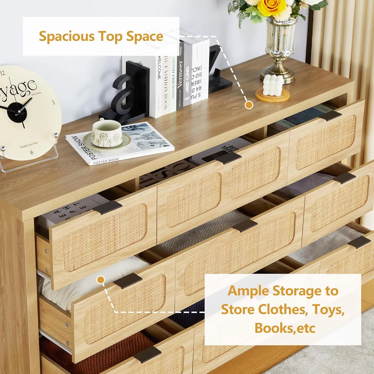 LEVNARY 9 Drawer Dresser for Bedroom, Rattan Dressers & Chest of Drawers, Large 58" Long Dressers Wooden Storage Organizer Dresser for Entryway, Living Room (Natural)