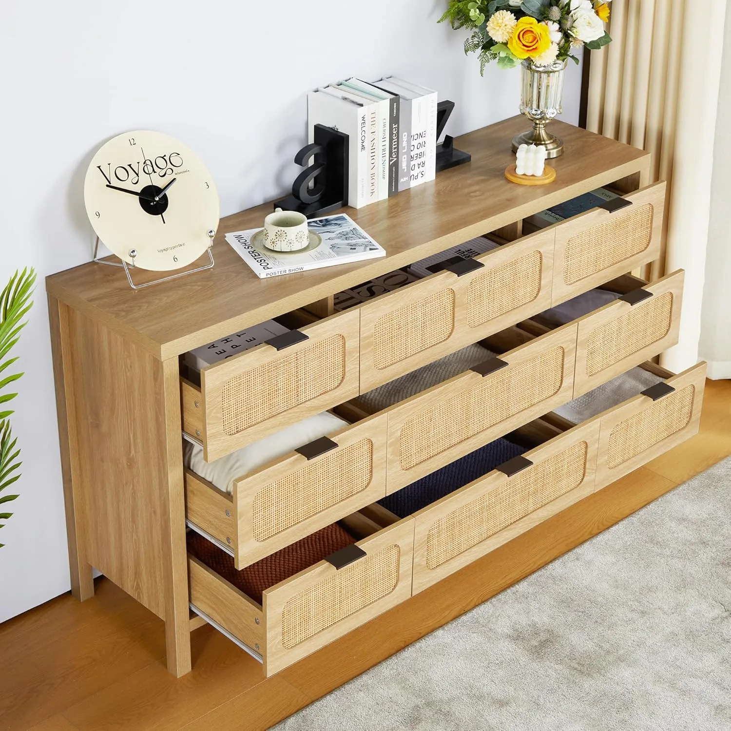 LEVNARY 9 Drawer Dresser for Bedroom, Rattan Dressers & Chest of Drawers, Large 58" Long Dressers Wooden Storage Organizer Dresser for Entryway, Living Room (Natural)