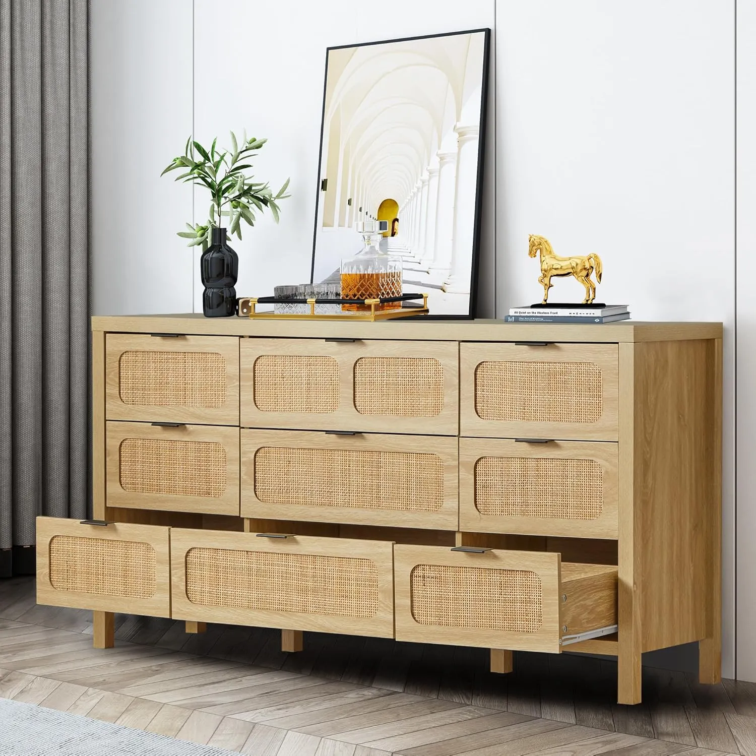LEVNARY 9 Drawer Dresser for Bedroom, Rattan Dressers & Chest of Drawers, Large 58" Long Dressers Wooden Storage Organizer Dresser for Entryway, Living Room (Natural)