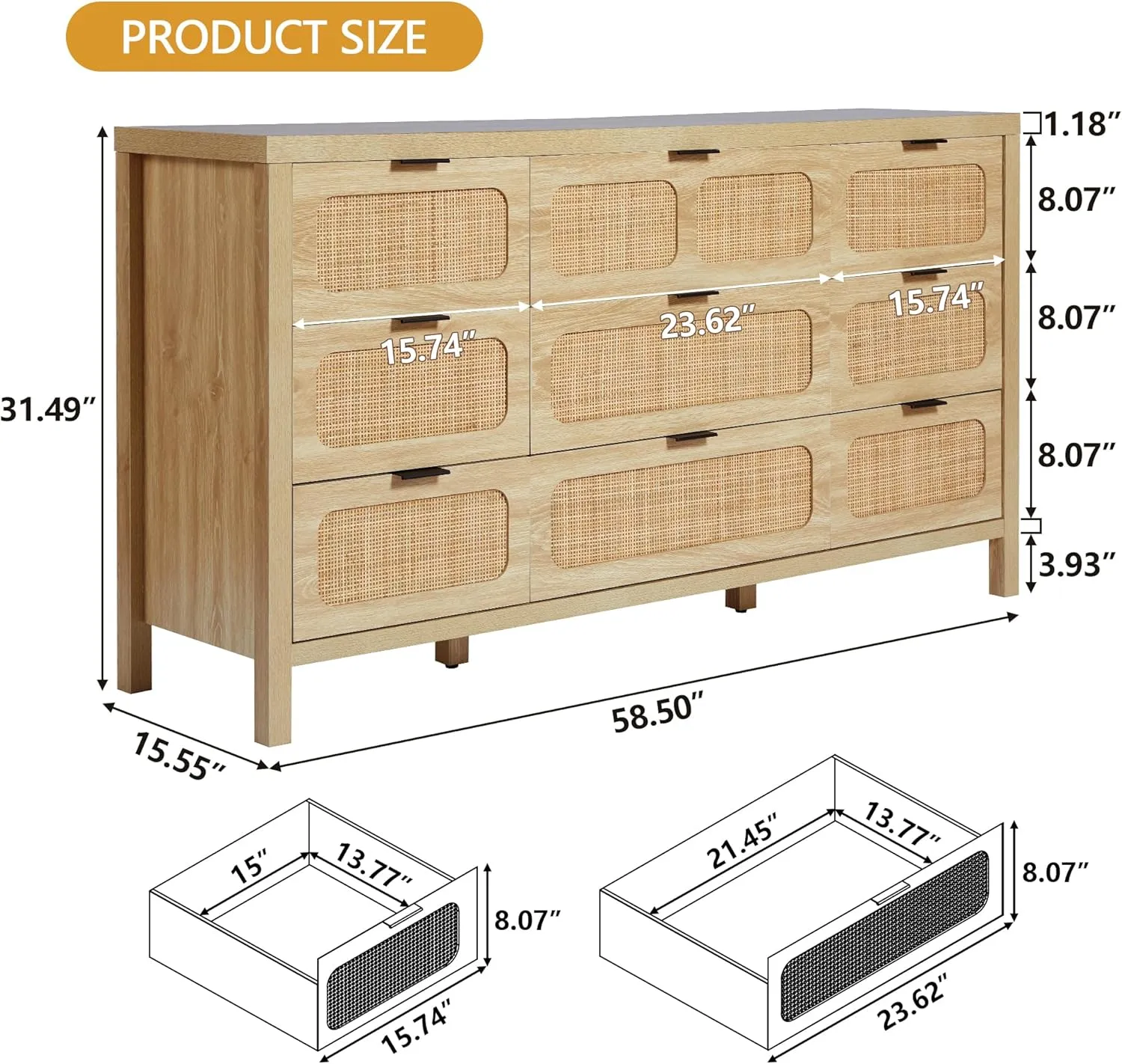 LEVNARY 9 Drawer Dresser for Bedroom, Rattan Dressers & Chest of Drawers, Large 58" Long Dressers Wooden Storage Organizer Dresser for Entryway, Living Room (Natural)
