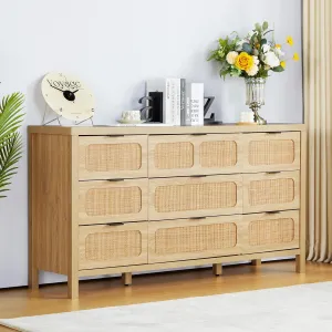 LEVNARY 9 Drawer Dresser for Bedroom, Rattan Dressers & Chest of Drawers, Large 58" Long Dressers Wooden Storage Organizer Dresser for Entryway, Living Room (Natural)