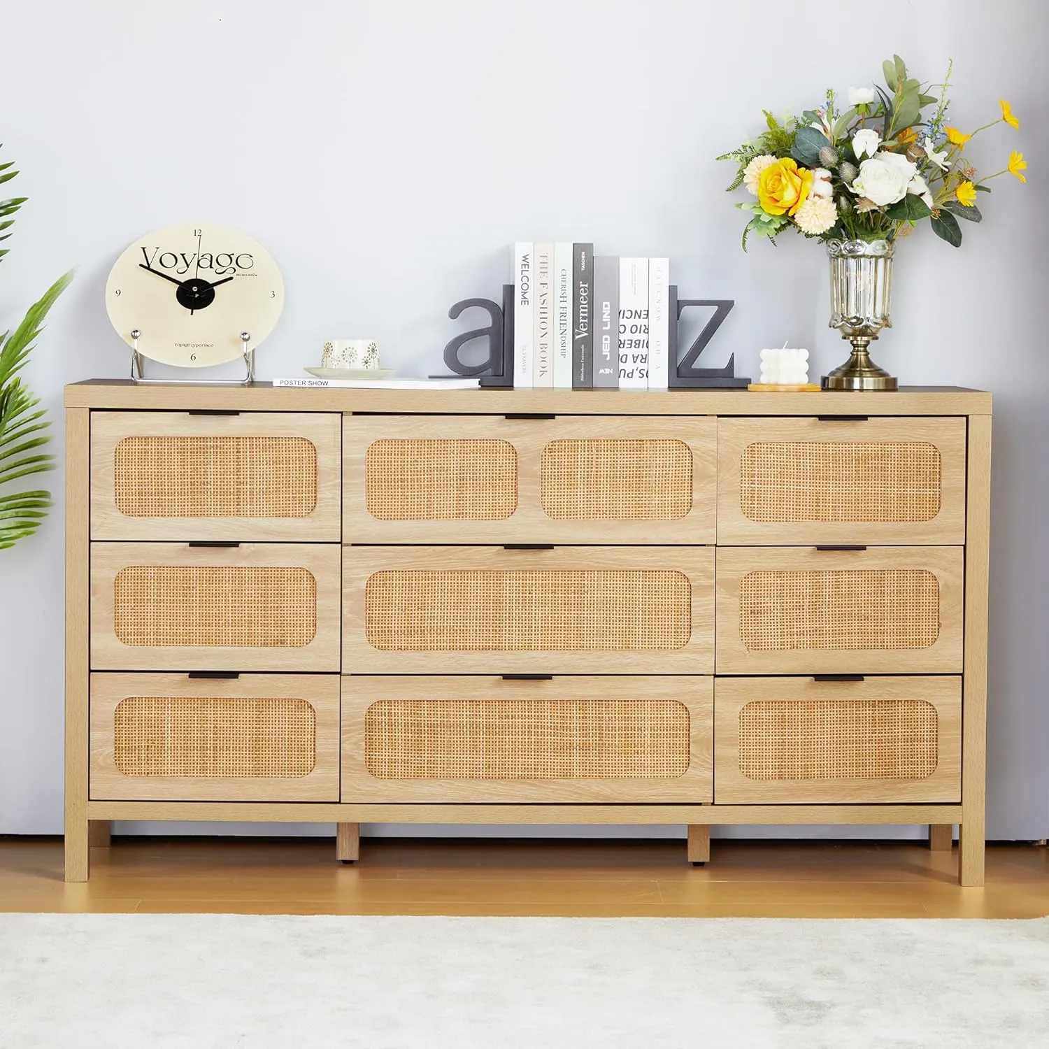 LEVNARY 9 Drawer Dresser for Bedroom, Rattan Dressers & Chest of Drawers, Large 58" Long Dressers Wooden Storage Organizer Dresser for Entryway, Living Room (Natural)