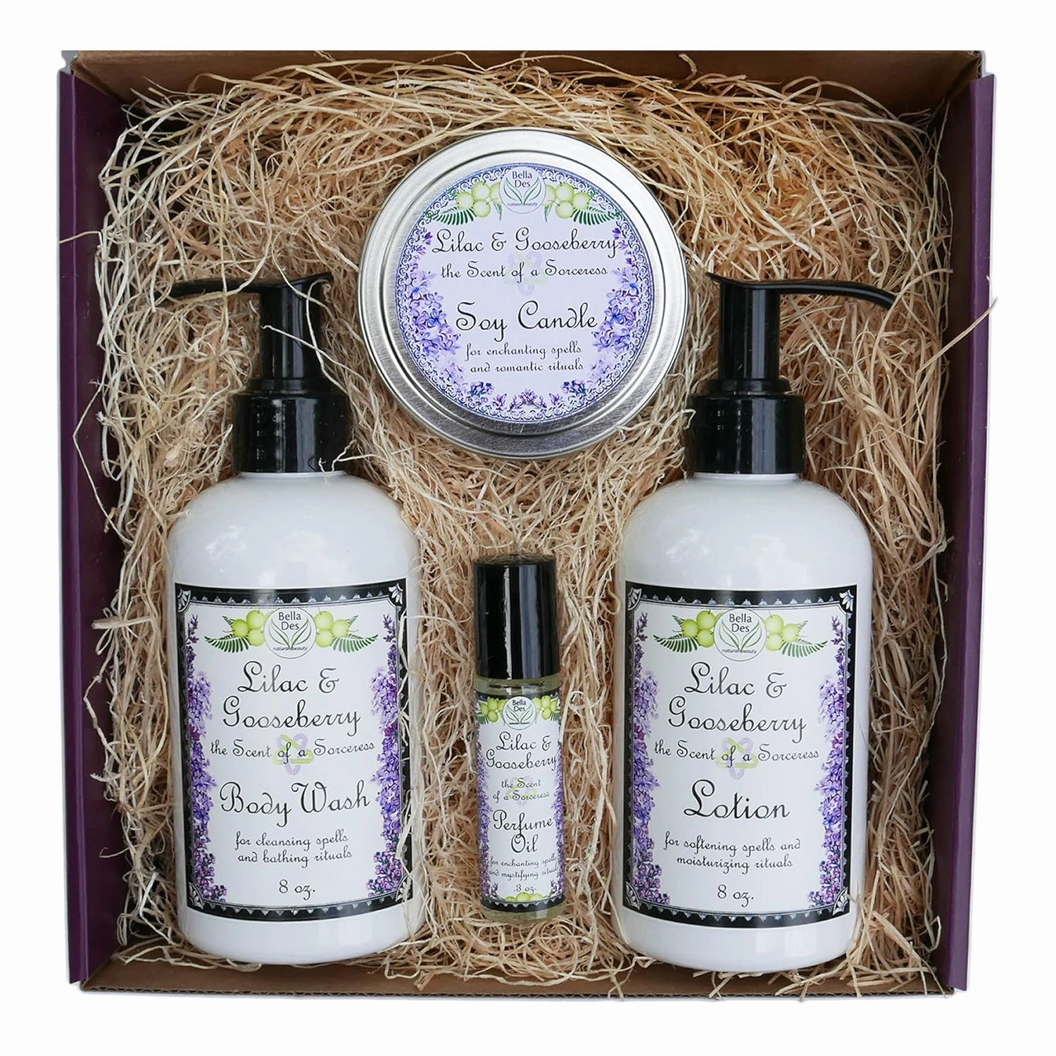 Lilac & Gooseberry Gift Set | Perfume, Lotion, Body Wash, and Soy Candle | Full Size Items in Pretty Box with Bow and Card | Yennefer Scent of a Sorceress by Bella Des Natural Beauty
