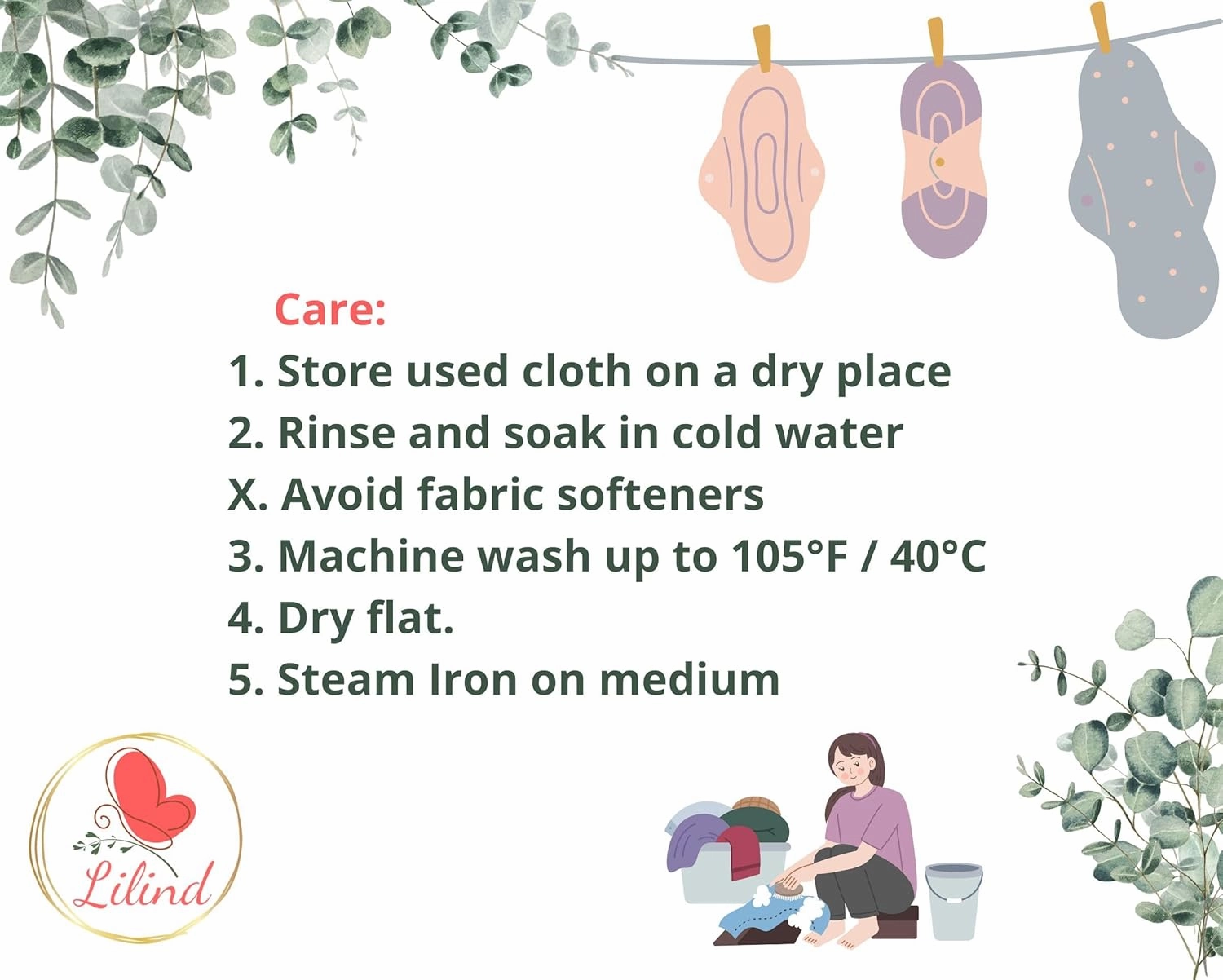 Lilind® 6 Pack Organic Cloth Pads, Regular 7 inch 100% Cotton Reusable Menstrual Sanitary Napkins, Free Wet bag, Complete set, Zero waste