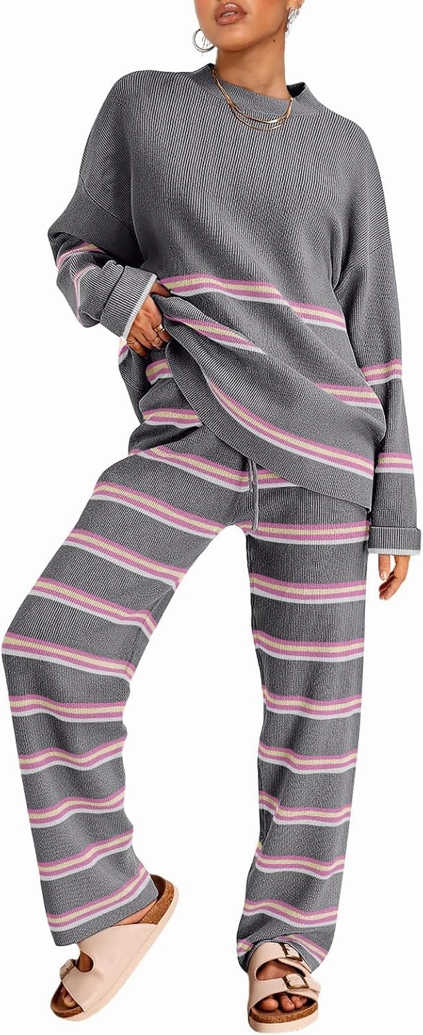 LILLUSORY 2 Piece Sets for Women 2025 Two Piece Lounge Sets Fall Fashion Oversized Striped Knit Sweaters Outfits Clothes