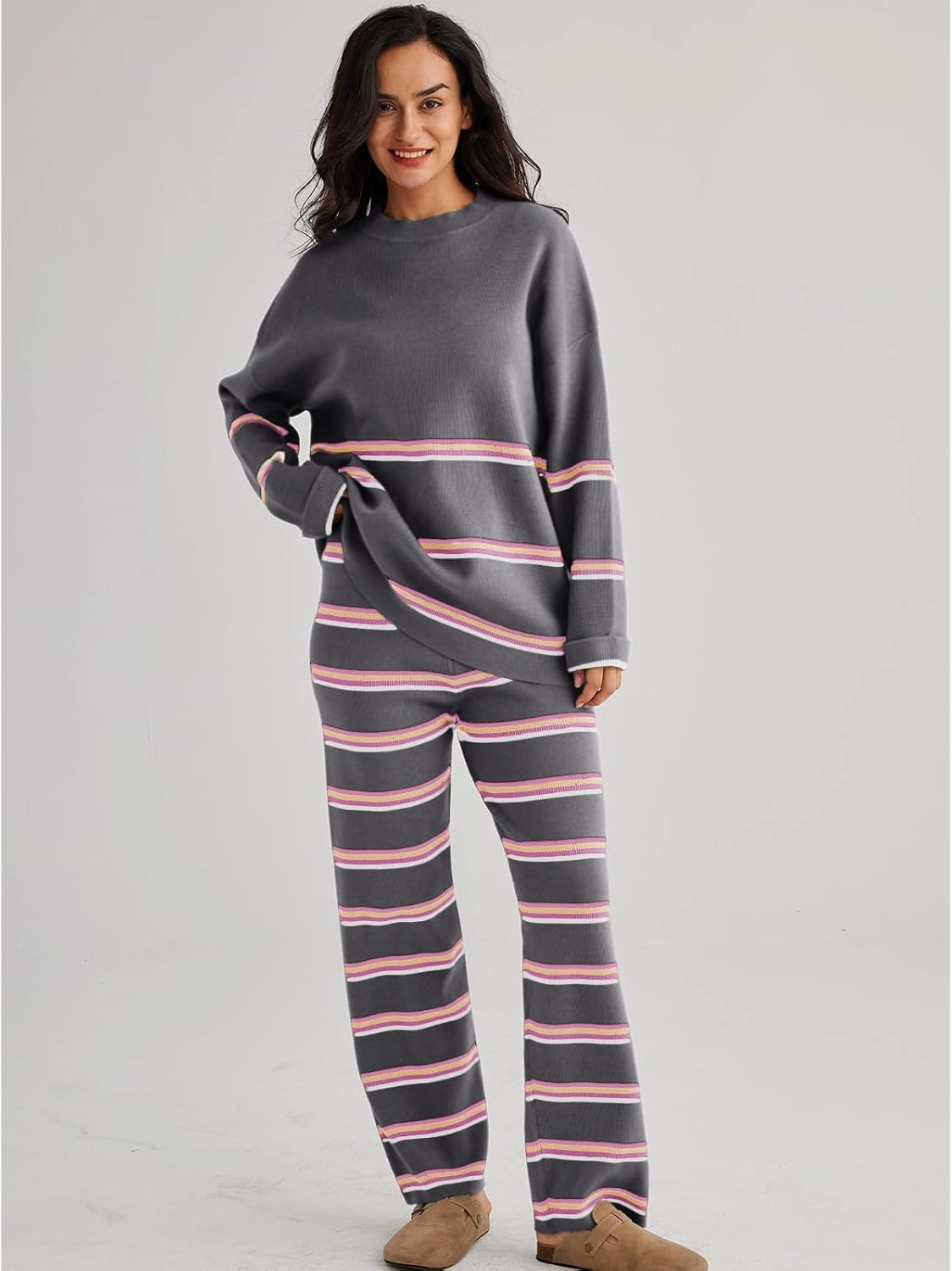 LILLUSORY 2 Piece Sets for Women 2025 Two Piece Lounge Sets Fall Fashion Oversized Striped Knit Sweaters Outfits Clothes