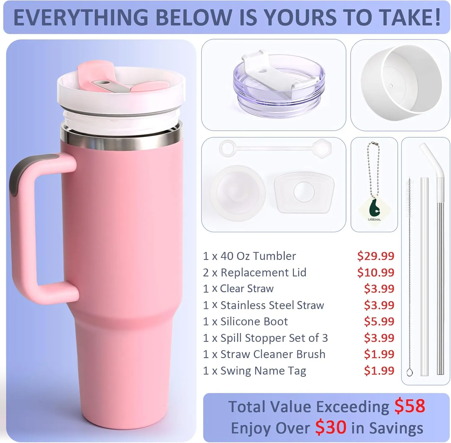 LiqCool 40 oz Tumbler with Handle 2 Straws and 2 Lids, Silicone Boot & Leak-proof Spill Stopper Set, Double Wall Vacuum Insulated Stainless Steel Tumbler Keep Cold 26H Cupholder Friendly(Pink)