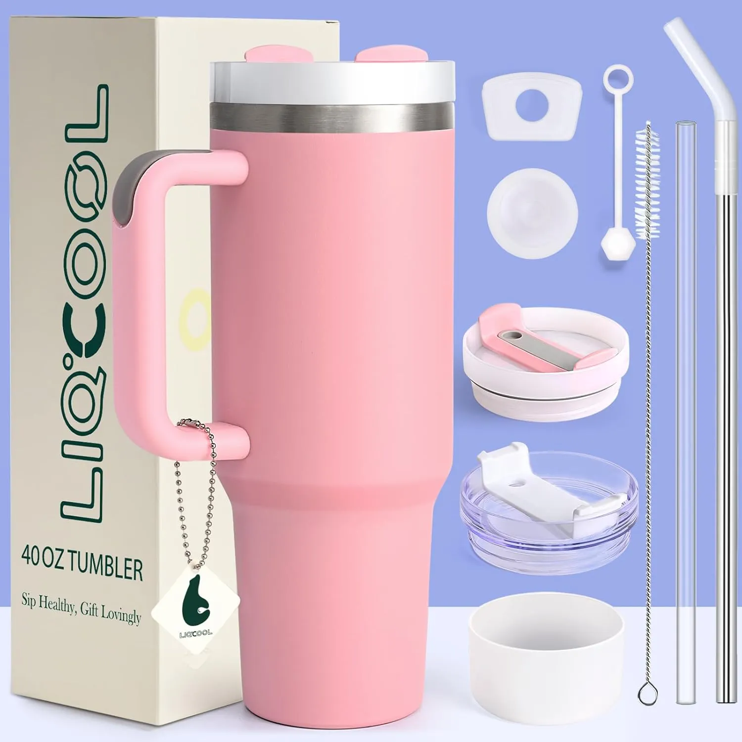LiqCool 40 oz Tumbler with Handle 2 Straws and 2 Lids, Silicone Boot & Leak-proof Spill Stopper Set, Double Wall Vacuum Insulated Stainless Steel Tumbler Keep Cold 26H Cupholder Friendly(Pink)