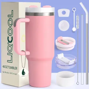 LiqCool 40 oz Tumbler with Handle 2 Straws and 2 Lids, Silicone Boot & Leak-proof Spill Stopper Set, Double Wall Vacuum Insulated Stainless Steel Tumbler Keep Cold 26H Cupholder Friendly(Pink)