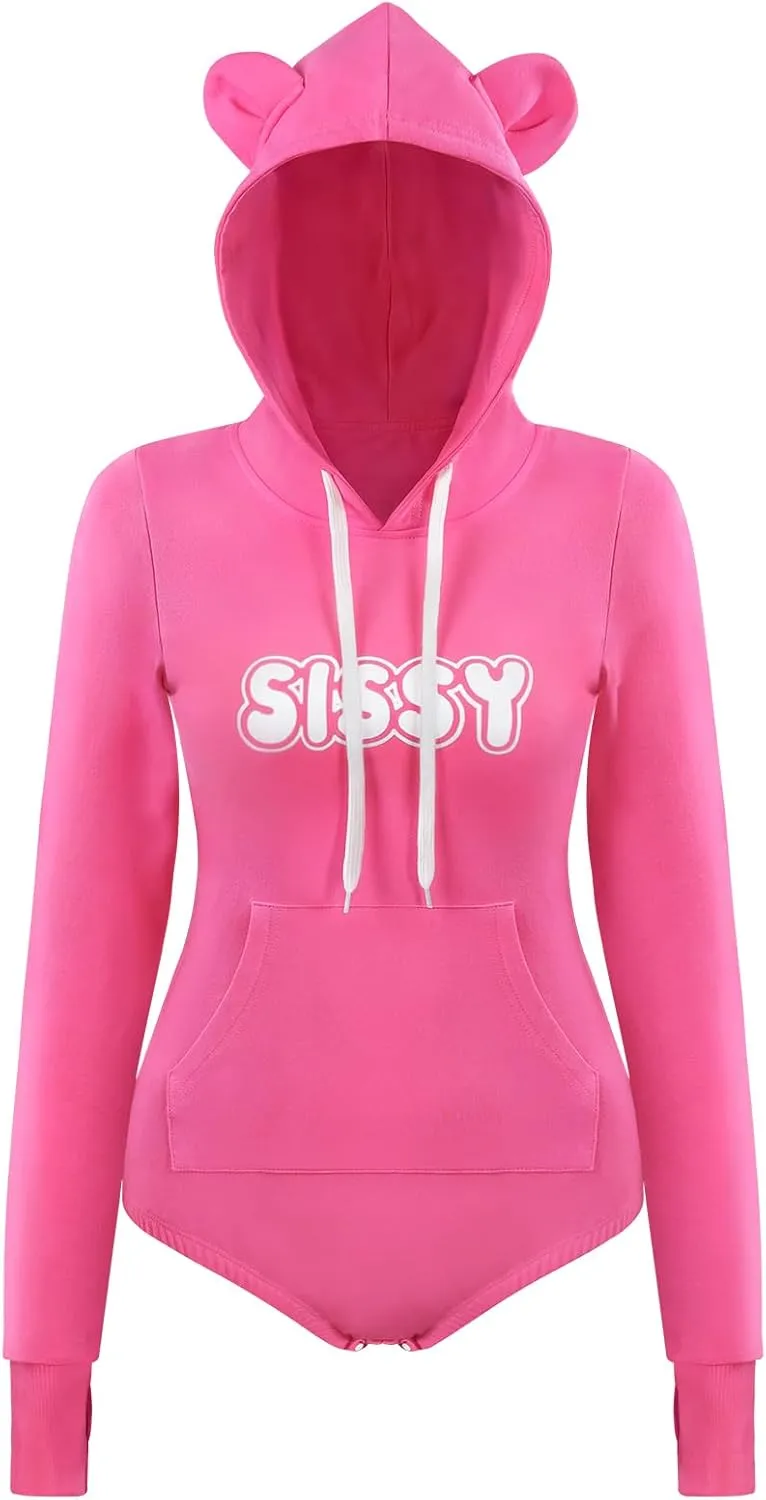 Littleforbig Cotton Romper Onesie Pajamas Hoodie Bodysuit - Cozy Sissy Bear Hoodie Sweatshirt Onesie