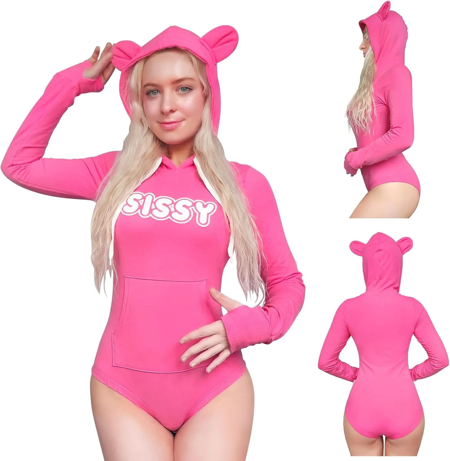 Littleforbig Cotton Romper Onesie Pajamas Hoodie Bodysuit - Cozy Sissy Bear Hoodie Sweatshirt Onesie