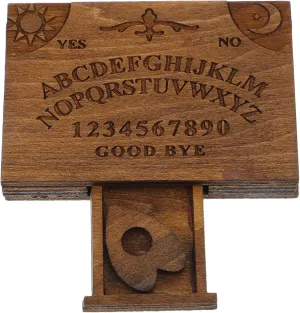 LOGOFUN Miniature Wooden Spirit Board with Planchette Mini Tiny Spirit Talking Board with Drawer for Dollhouse Halloween Landscape Decorations Accessories