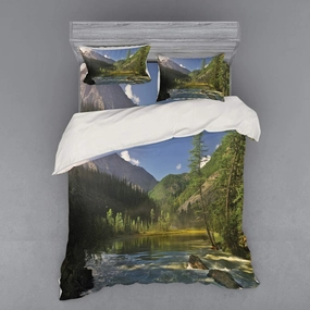 Lunarable Landscape Bedding Set, Mountain Lake West Siberia Altai Mountains Katun Ridge Alpine Forest Morning View, 4 Piece Duvet Cover Set with Shams and Fitted Sheet, Queen Size, Green Blue