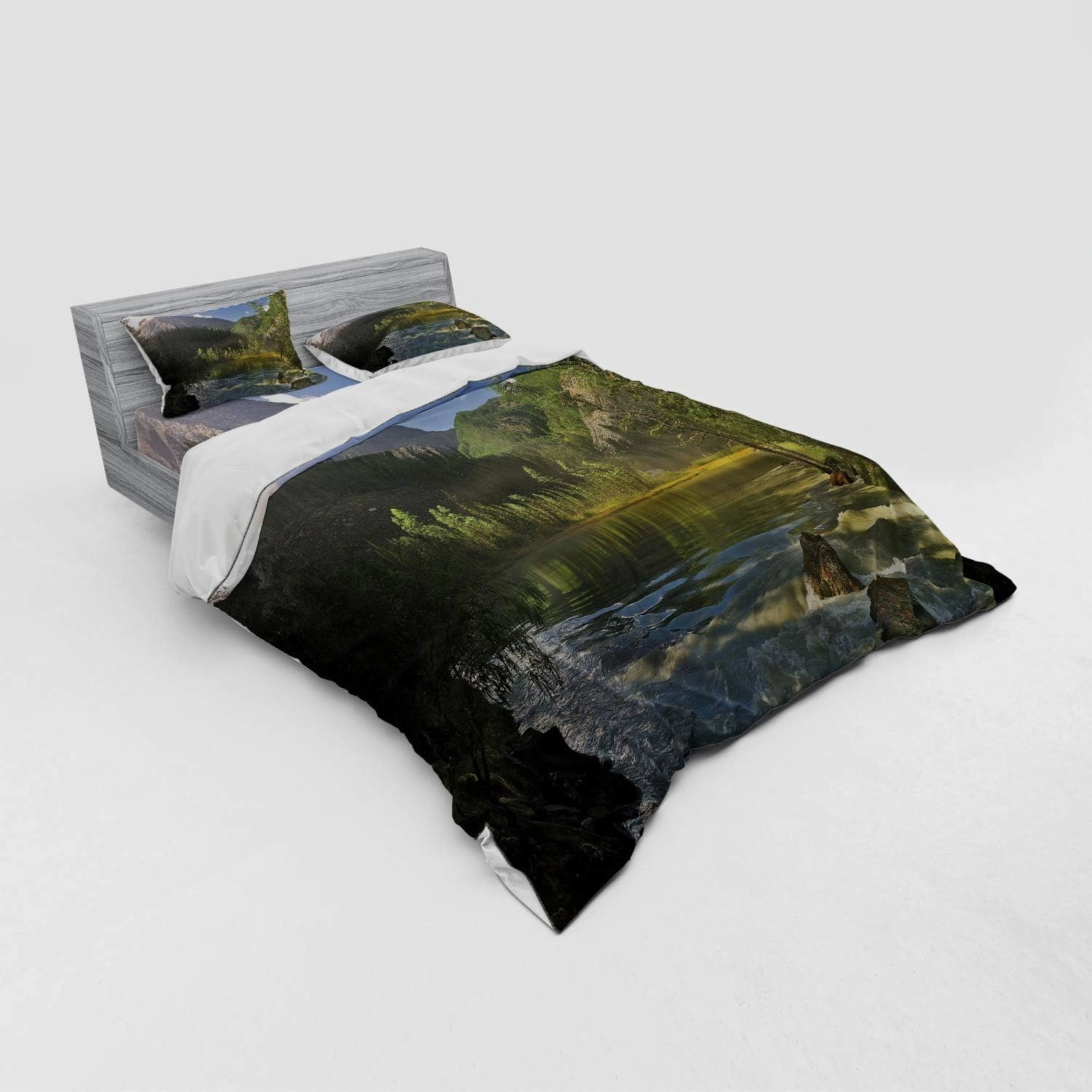 Lunarable Landscape Bedding Set, Mountain Lake West Siberia Altai Mountains Katun Ridge Alpine Forest Morning View, 4 Piece Duvet Cover Set with Shams and Fitted Sheet, Queen Size, Green Blue