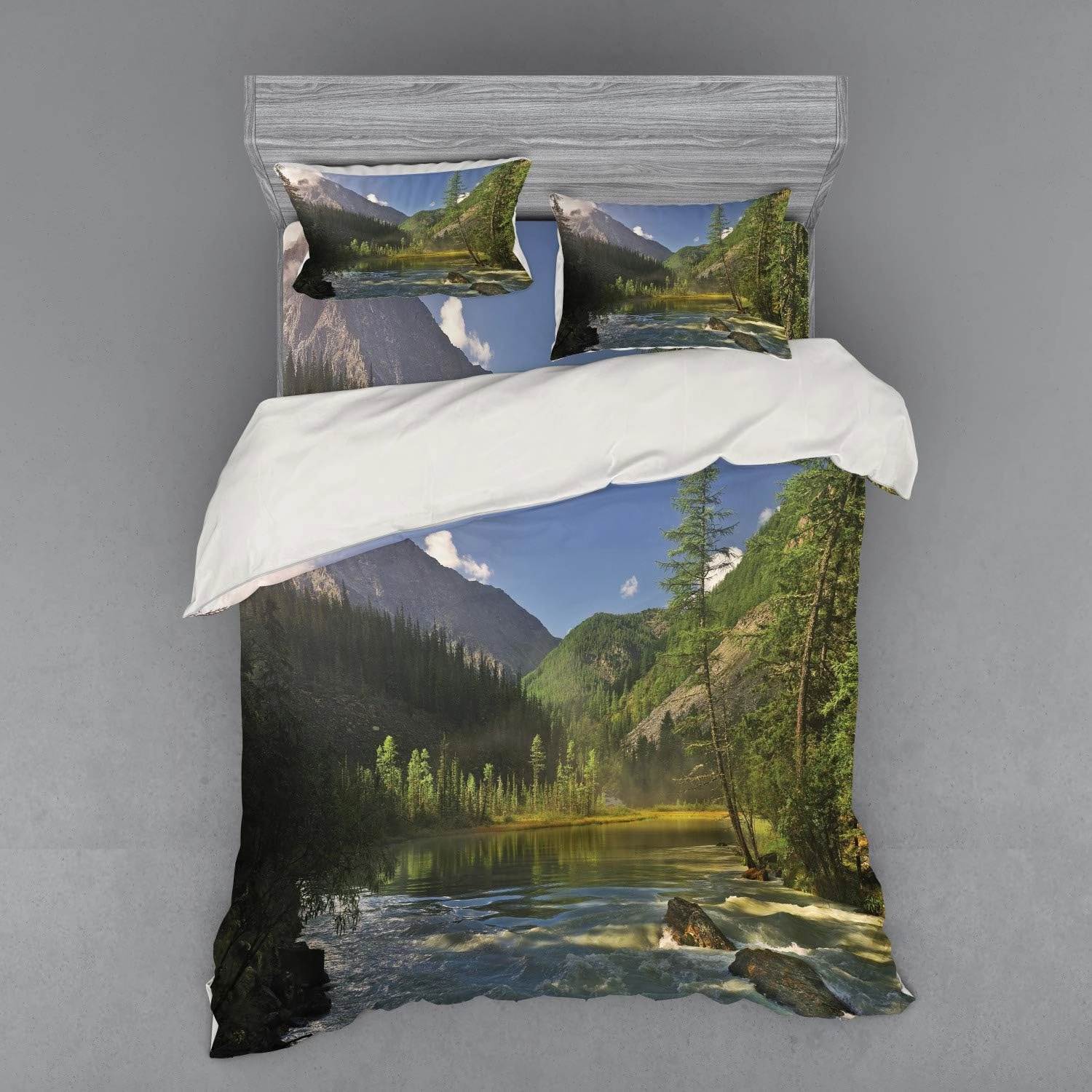 Lunarable Landscape Bedding Set, Mountain Lake West Siberia Altai Mountains Katun Ridge Alpine Forest Morning View, 4 Piece Duvet Cover Set with Shams and Fitted Sheet, Queen Size, Green Blue