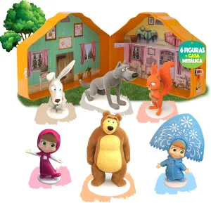 LUPPA Masha and The Bear Playset House, Top Notch Premium 6-Velvety Figurine Set in Tin-Lunchbox Easy to Carry & Store, Collectors' Delight