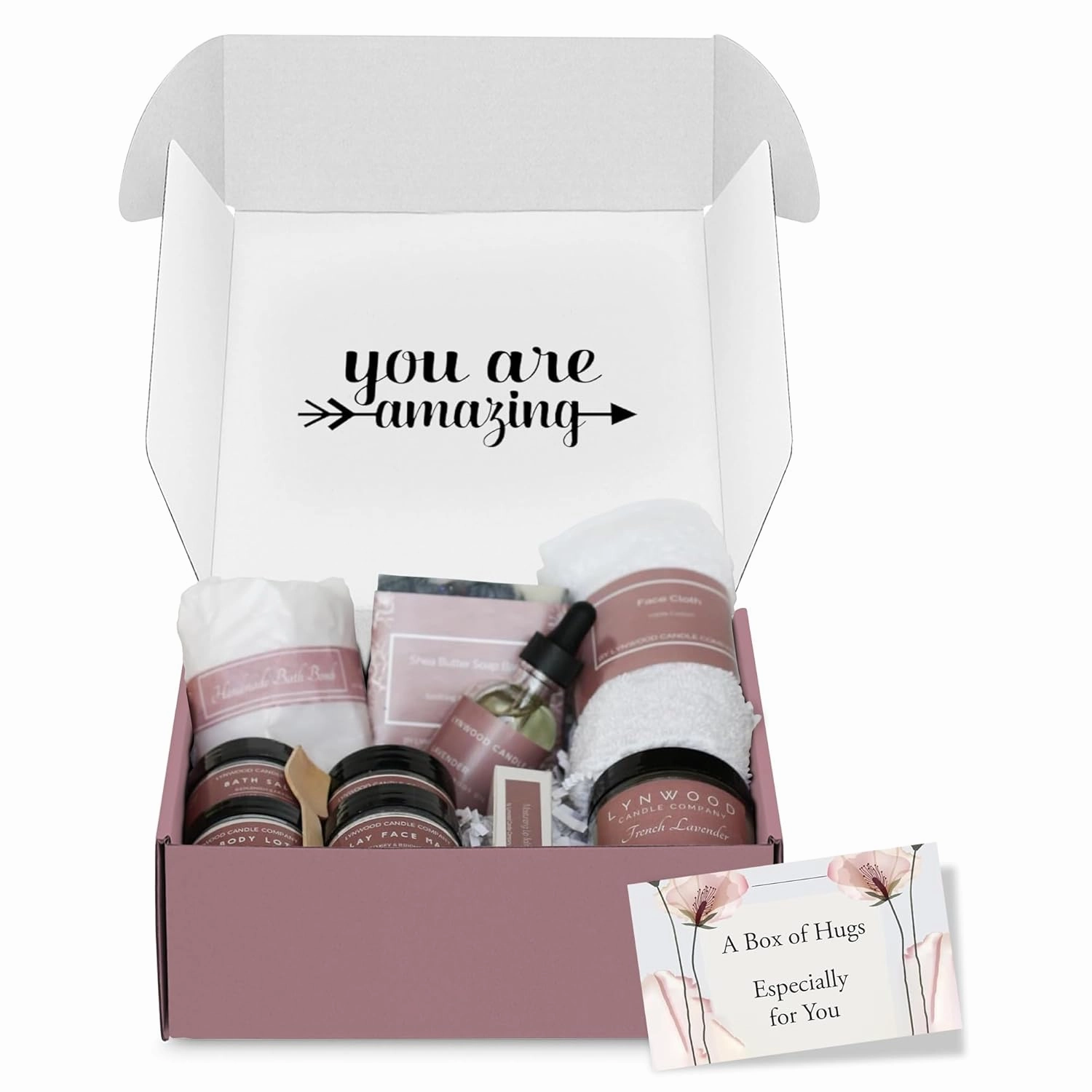 Lynwood Care Package: You Are Amazing Care Package With All Natural Sugar Shower Scrub, Soap and Lotion Set, Shower Bomb Aromatherapy, Hydrating Body Oil , Scented Candle, Relaxing Lavander Bath Salts