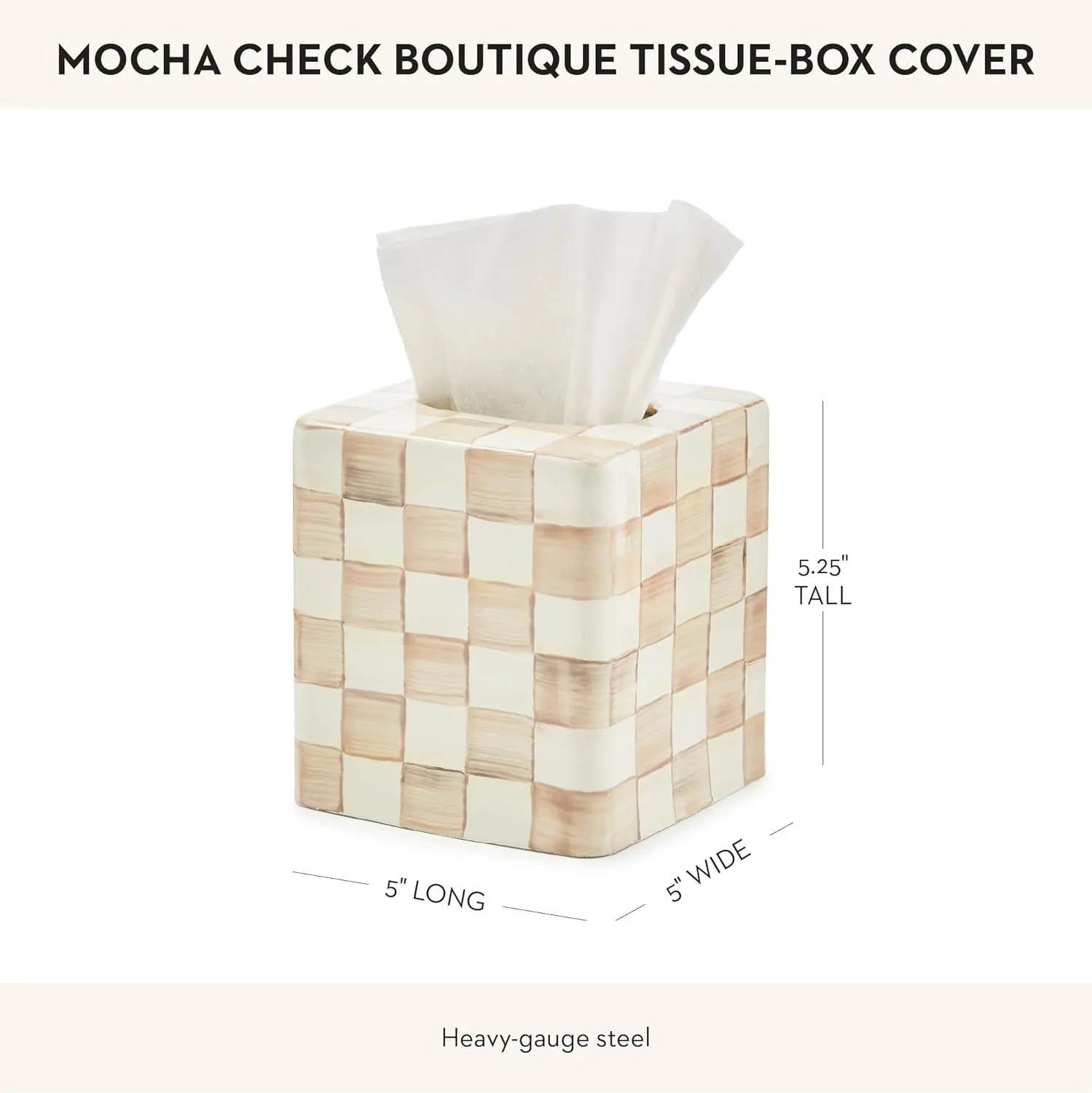 MACKENZIE-CHILDS Boutique Square Tissue-Box Cover, Tissue Holder for Home Decor, Brown-and-White Mocha Check