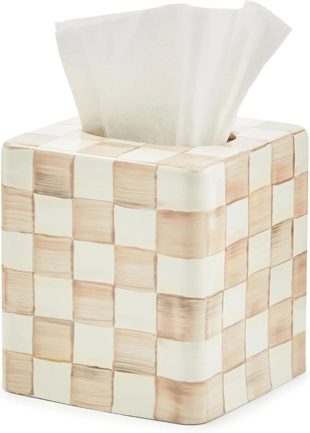MACKENZIE-CHILDS Boutique Square Tissue-Box Cover, Tissue Holder for Home Decor, Brown-and-White Mocha Check