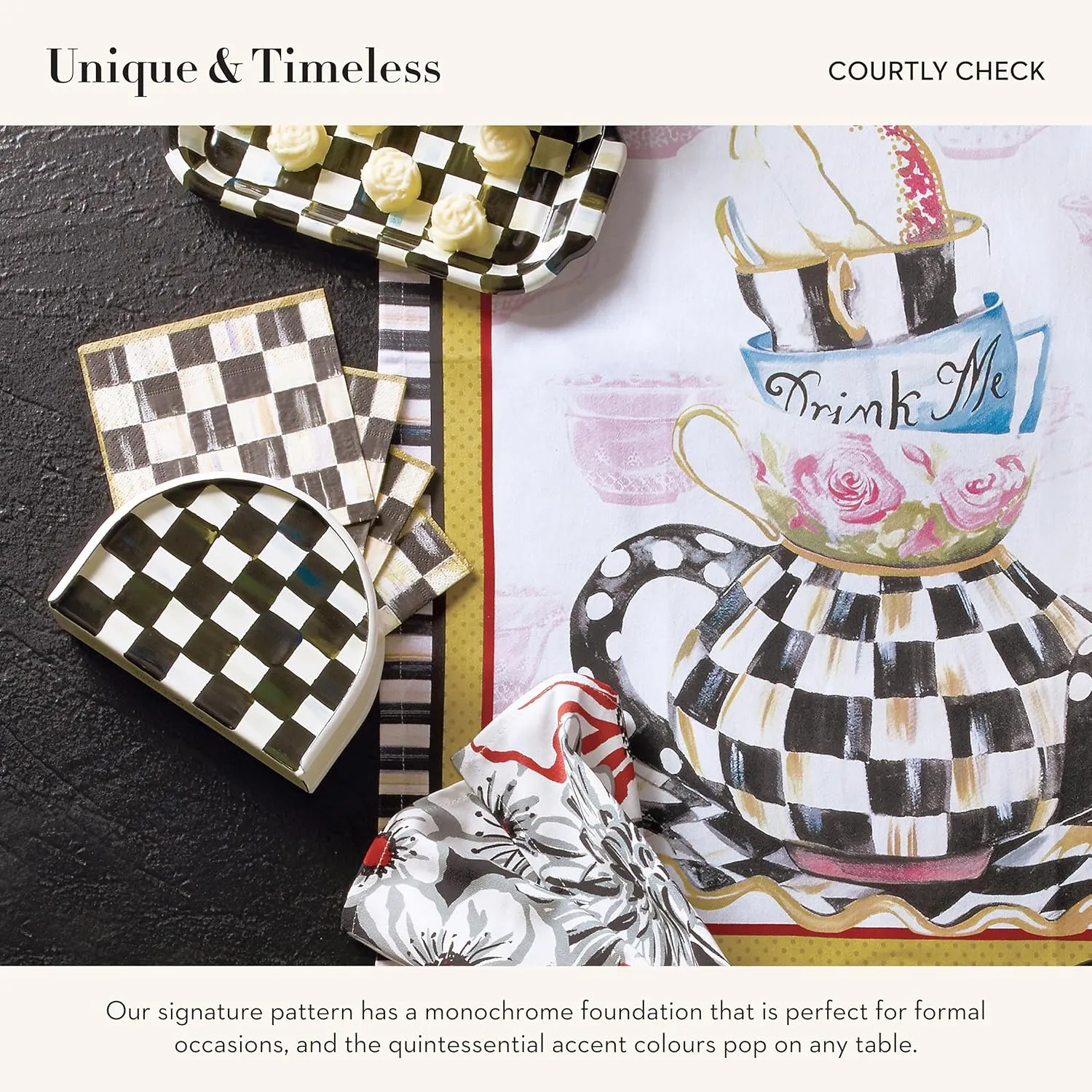 MACKENZIE-CHILDS Cocktail Napkin Holder, Kitchen Napkin Holder for Table and Countertop, Black-and-White Courtly Check