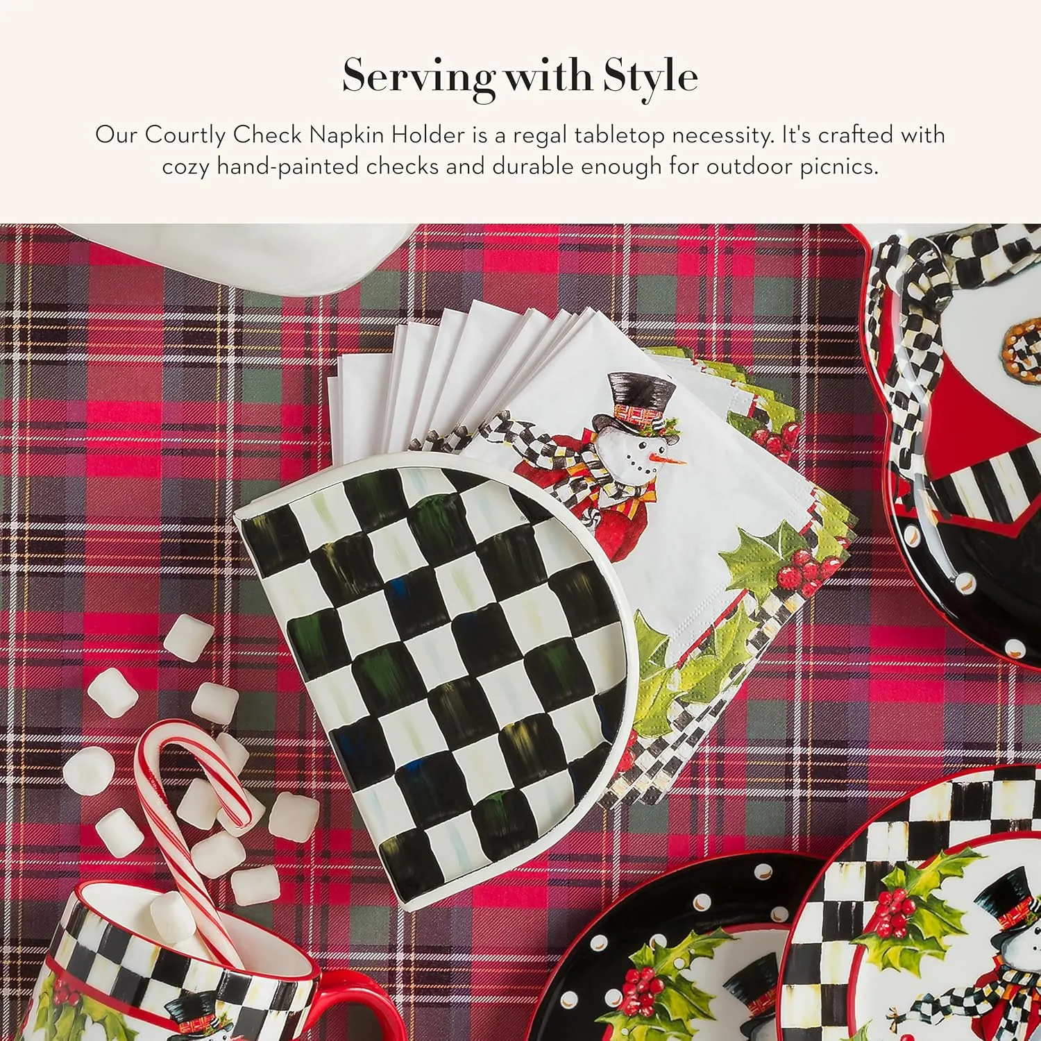 MACKENZIE-CHILDS Cocktail Napkin Holder, Kitchen Napkin Holder for Table and Countertop, Black-and-White Courtly Check