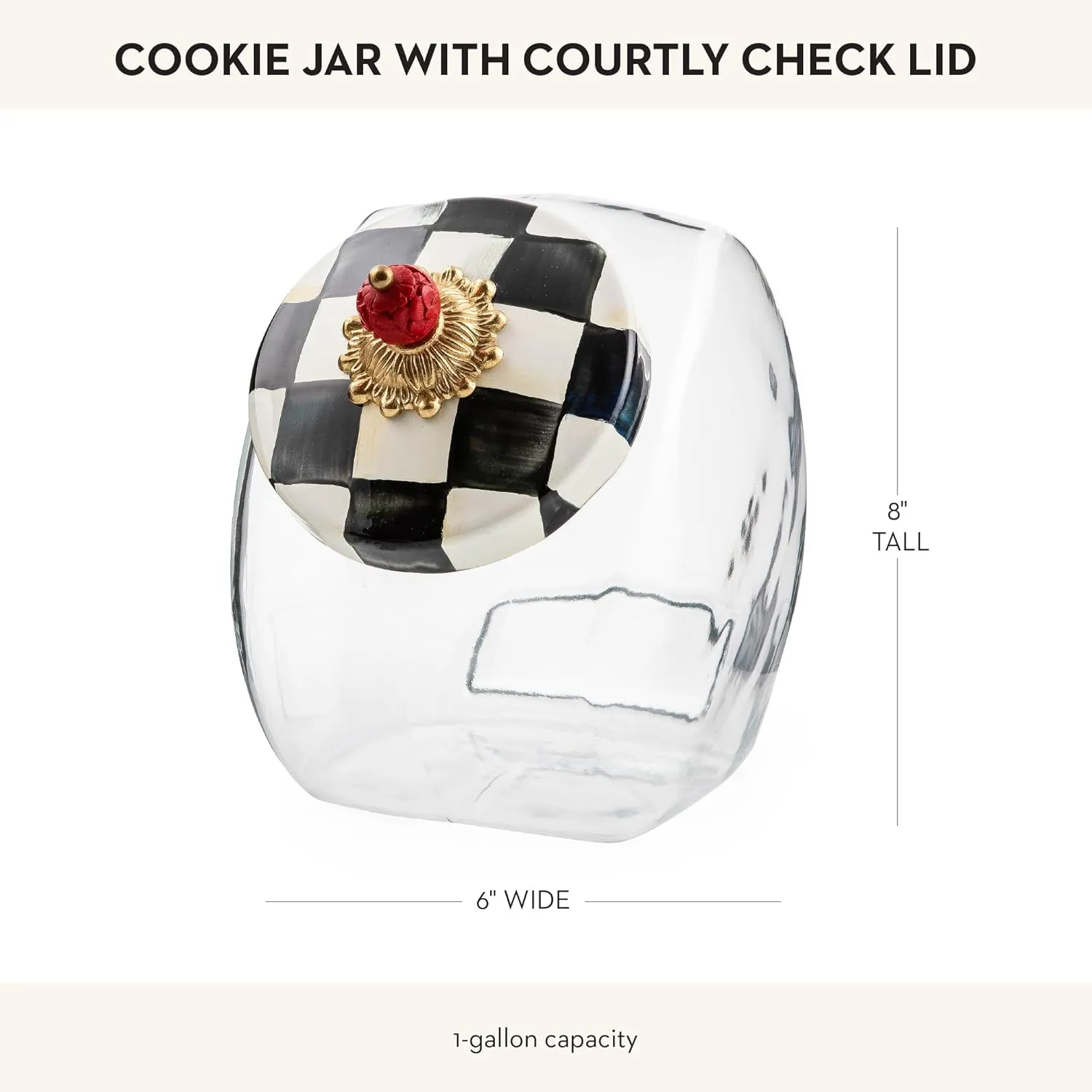 MACKENZIE-CHILDS Cookie Jar with Enamel Lid, Large Glass Treat Jar or Kitchen Jar, 1-Gallon Capacity, Black-and-White Courtly Check