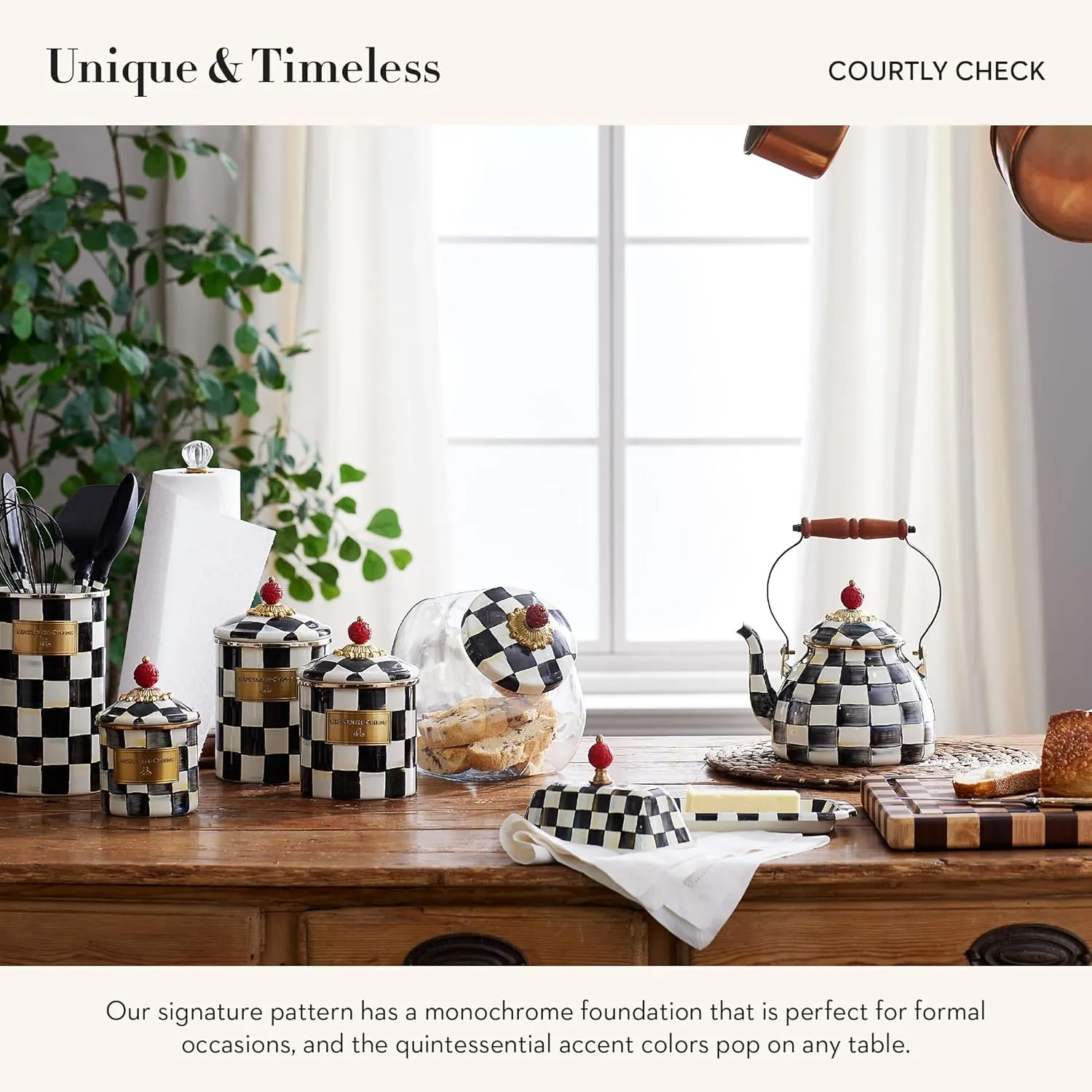 MACKENZIE-CHILDS Cookie Jar with Enamel Lid, Large Glass Treat Jar or Kitchen Jar, 1-Gallon Capacity, Black-and-White Courtly Check