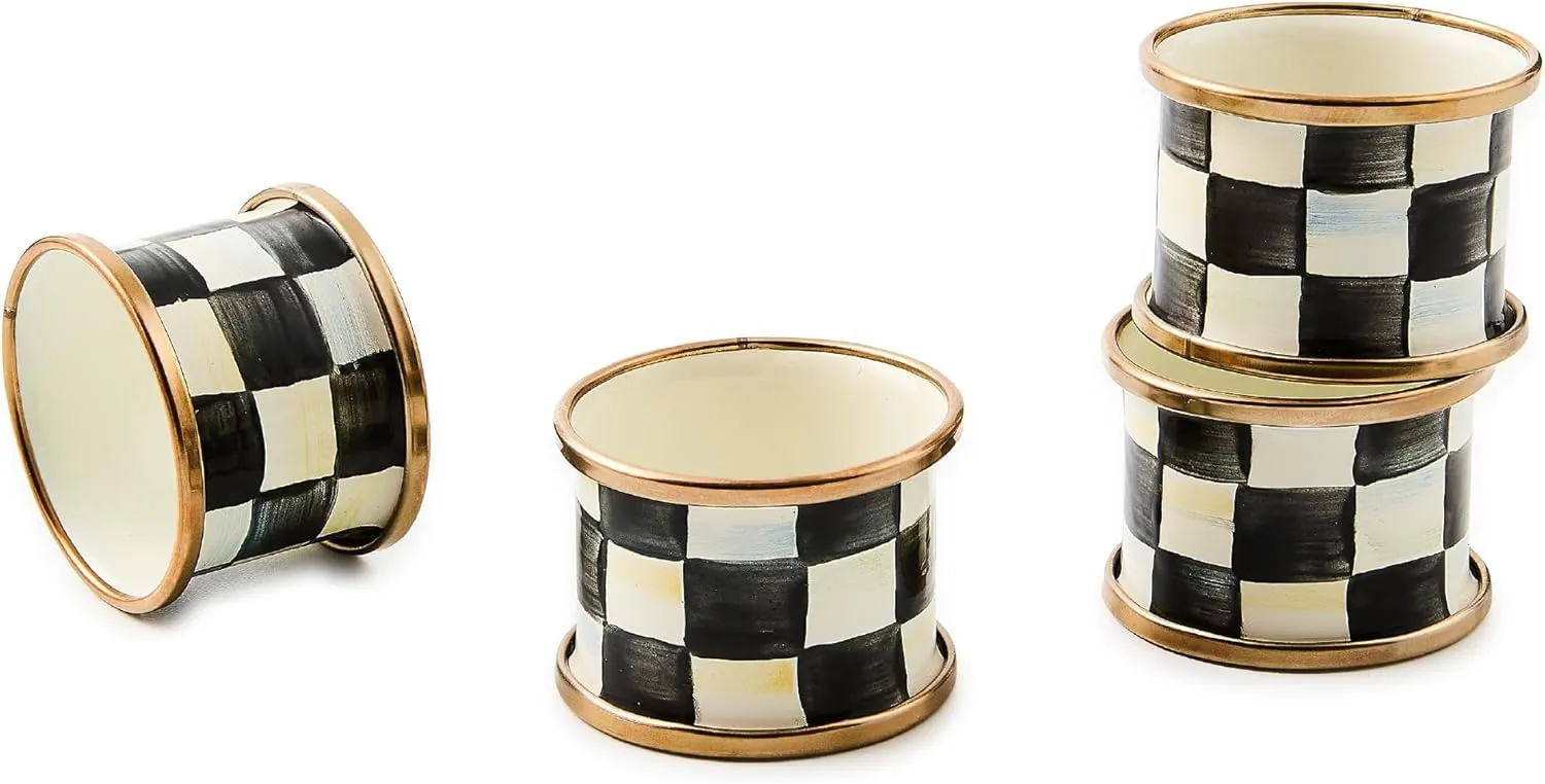 MACKENZIE-CHILDS Courtly Check Enamel Napkin-Ring Set, Black-and-White Napkin-Holder Ring for Cloth Napkins, Set of 4