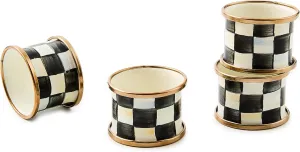 MACKENZIE-CHILDS Courtly Check Enamel Napkin-Ring Set, Black-and-White Napkin-Holder Ring for Cloth Napkins, Set of 4