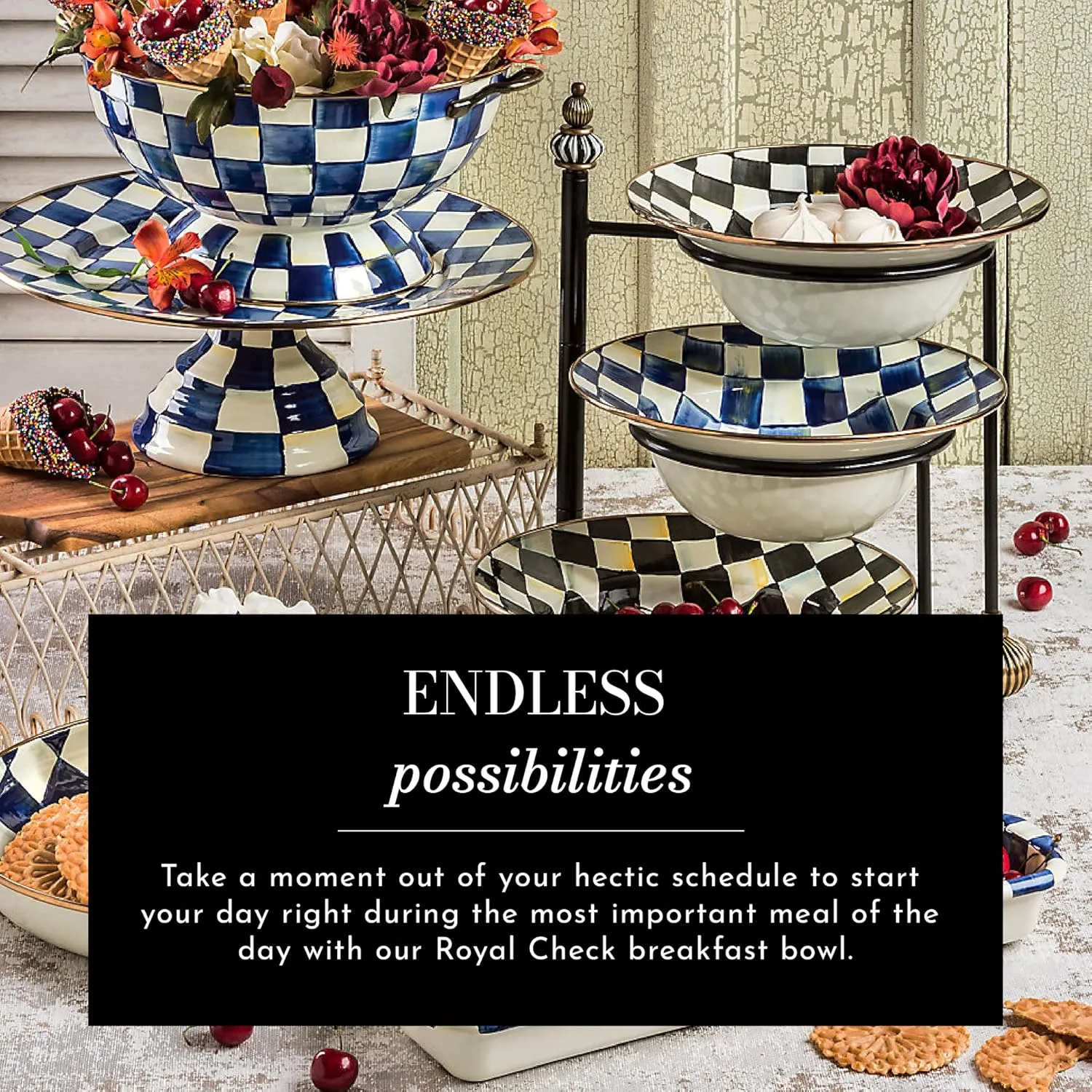 MACKENZIE-CHILDS Enamel Breakfast Bowl, Unique Soup Bowl or Cereal Bowl, Dinnerware, Blue-and-White Royal Check, Set of 1
