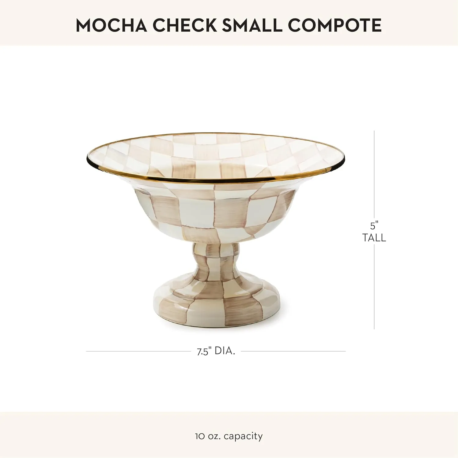 MACKENZIE-CHILDS Enamel Compote, Cute Enamel Pedestal Serving Dish or Decorative Bowl, Small, Brown-and-White Mocha Check
