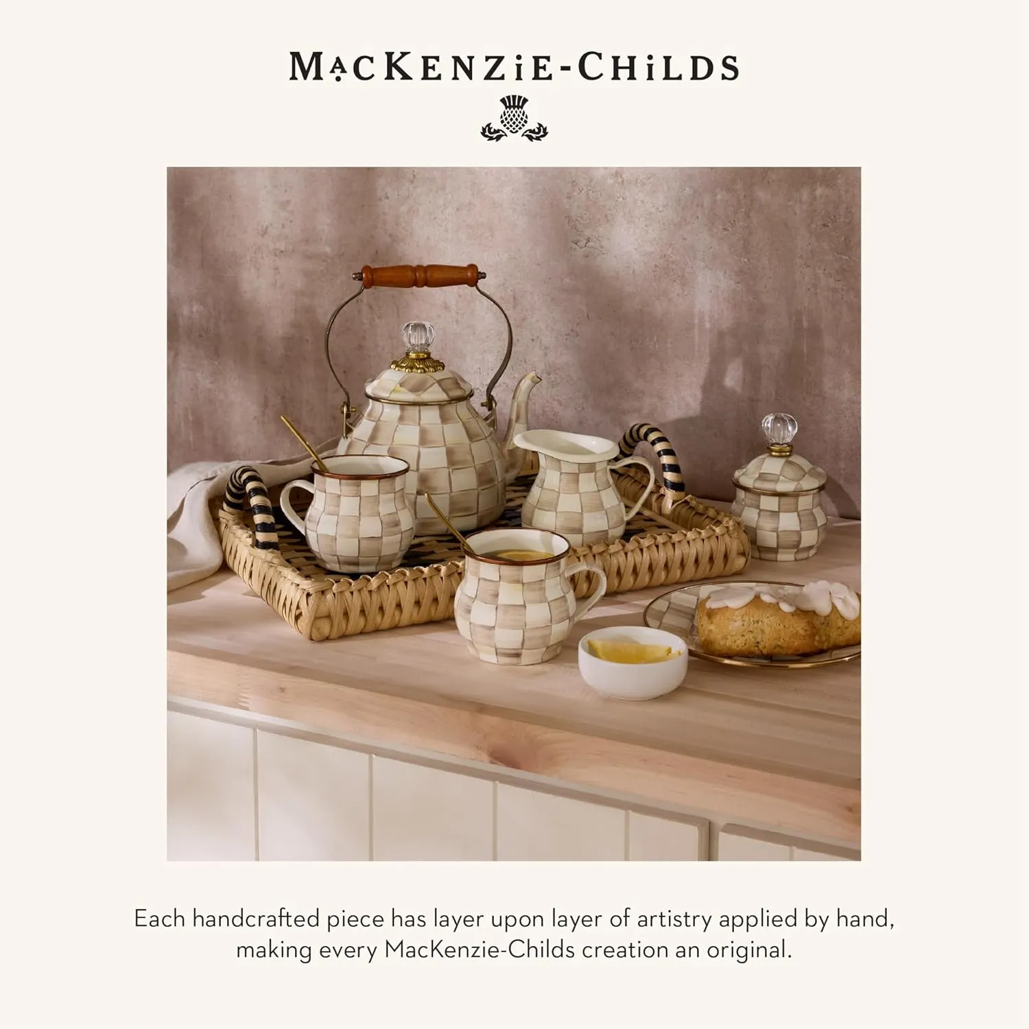 MACKENZIE-CHILDS Enamel Compote, Cute Enamel Pedestal Serving Dish or Decorative Bowl, Small, Brown-and-White Mocha Check