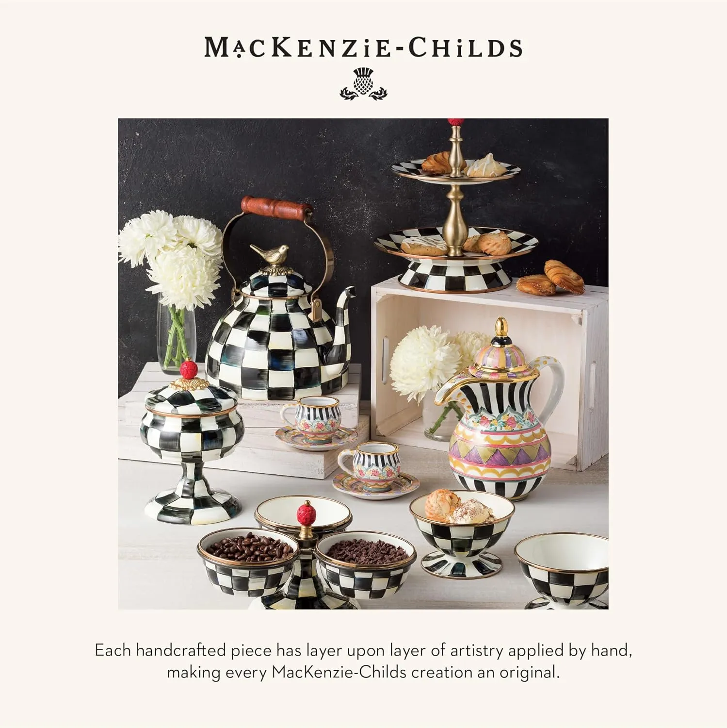 MACKENZIE-CHILDS Enamel Creamer, Creamer Dispenser with Pour Spout, Kitchen Enamelware, 14-Ounce Capacity, Black-and-White Courtly Check