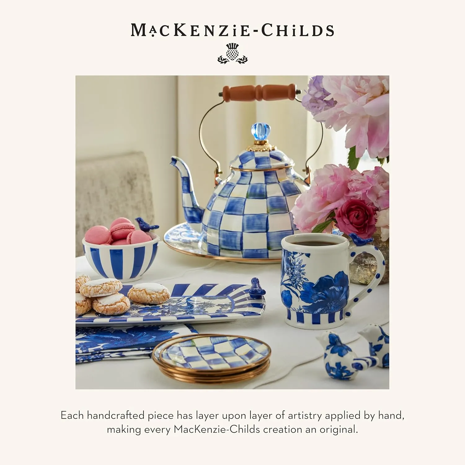 MACKENZIE-CHILDS Enamel Everyday Bowl, Serving Bowl for Entertaining, Large, Blue-and-White Royal Check