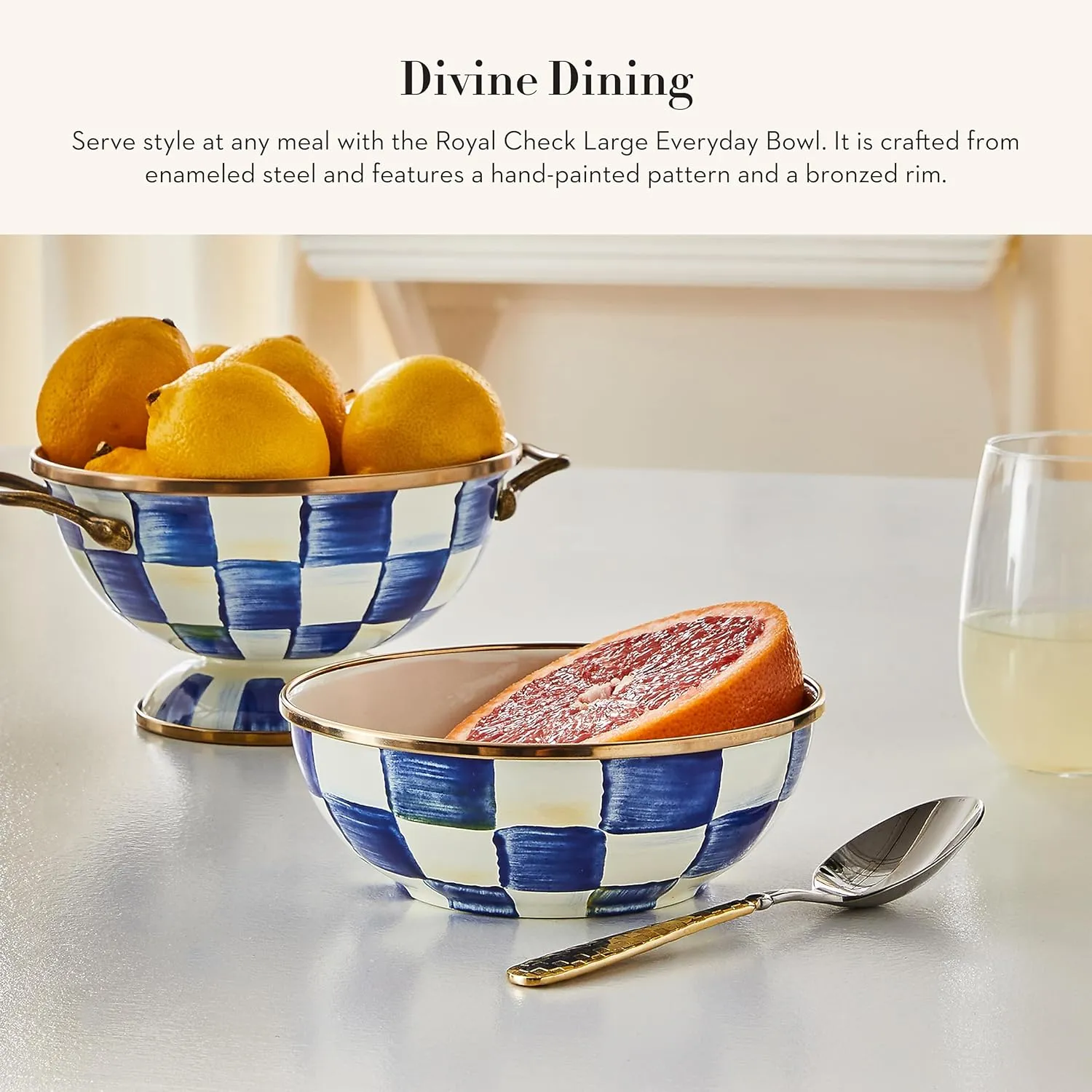 MACKENZIE-CHILDS Enamel Everyday Bowl, Serving Bowl for Entertaining, Large, Blue-and-White Royal Check