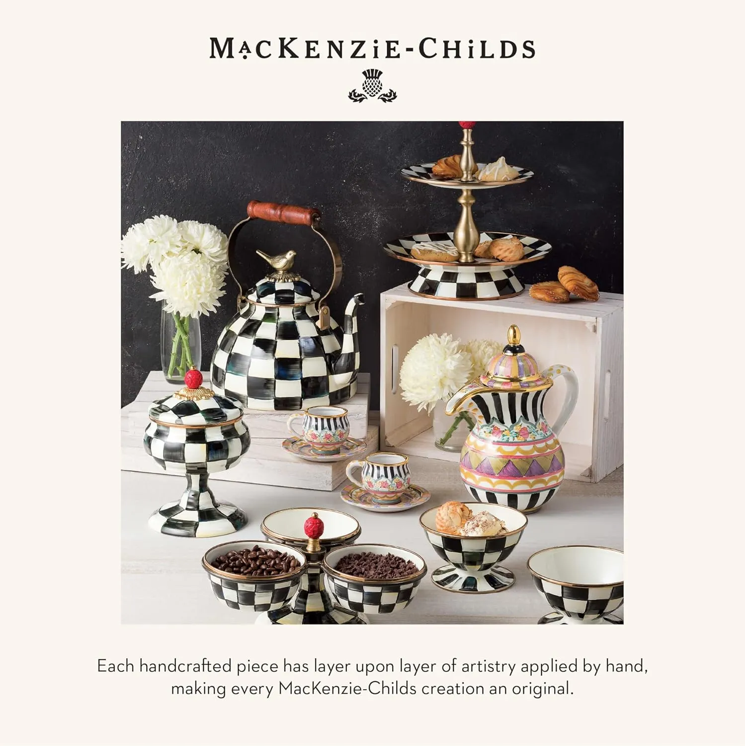 MACKENZIE-CHILDS Enamel Oval Platter, Serving Plate for Entertaining, Small, Black-and-White Courtly Check
