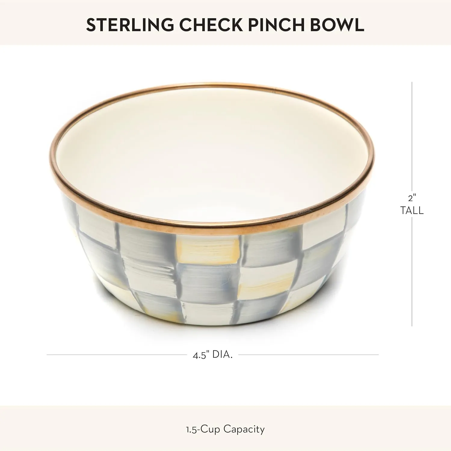 MACKENZIE-CHILDS Enamel Pinch Bowl, Small Bowl for Kitchen Ingredients, 1.5-Cup Capacity, Gray-and-White Sterling Check