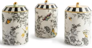 MACKENZIE-CHILDS Set of 3 Ceramic Canisters, Lidded Kitchen Canister Set, Butterfly Toile