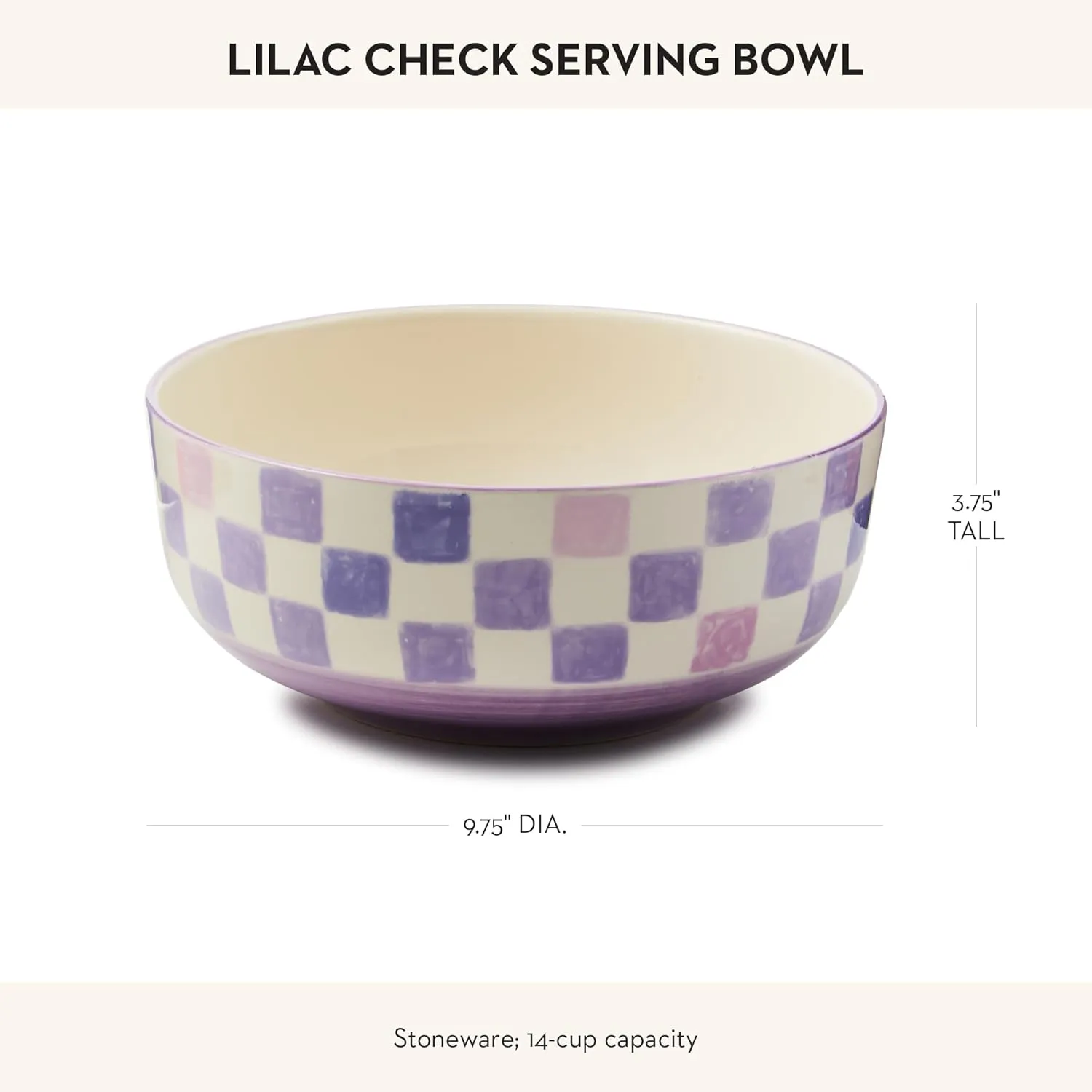 MACKENZIE-CHILDS Stoneware Serving Bowl, Large Decorative Bowl, 14-Cup Capacity, Lilac Check