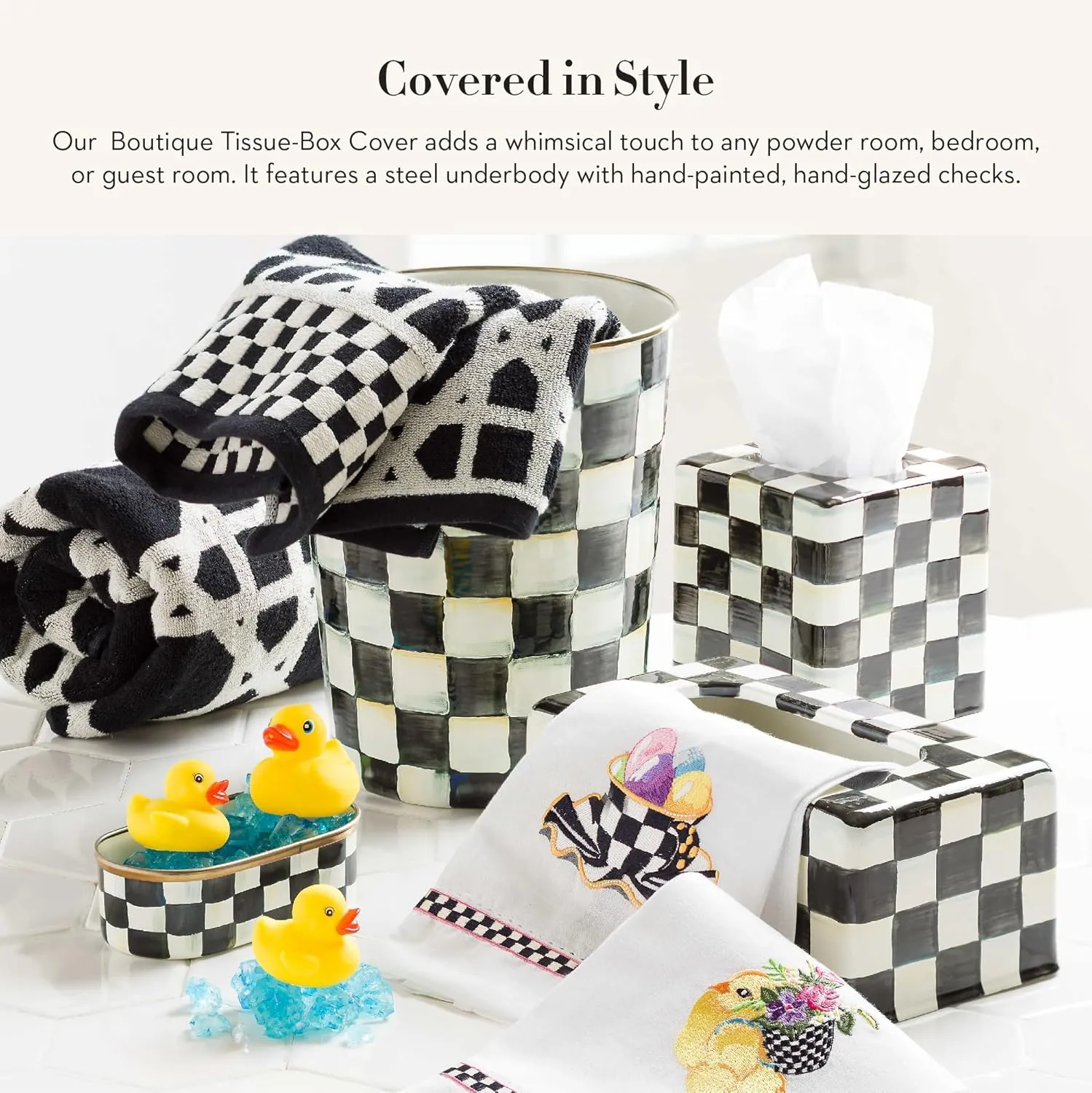 MACKENZIE-CHILDS Tissue-Box Cover, Tissue Holder for Home Decor, Black-and-White Courtly Check, Square