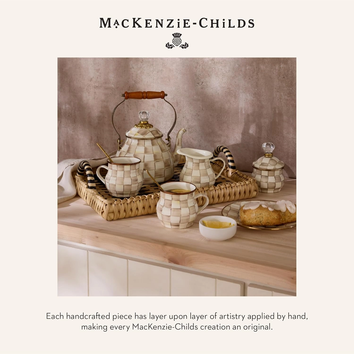 MACKENZIE-CHILDS Enamel Garden Pot, Decorative Pot for Plants, Outdoor Flowerpot Decor, Extra Large, Brown-and-White Mocha Check