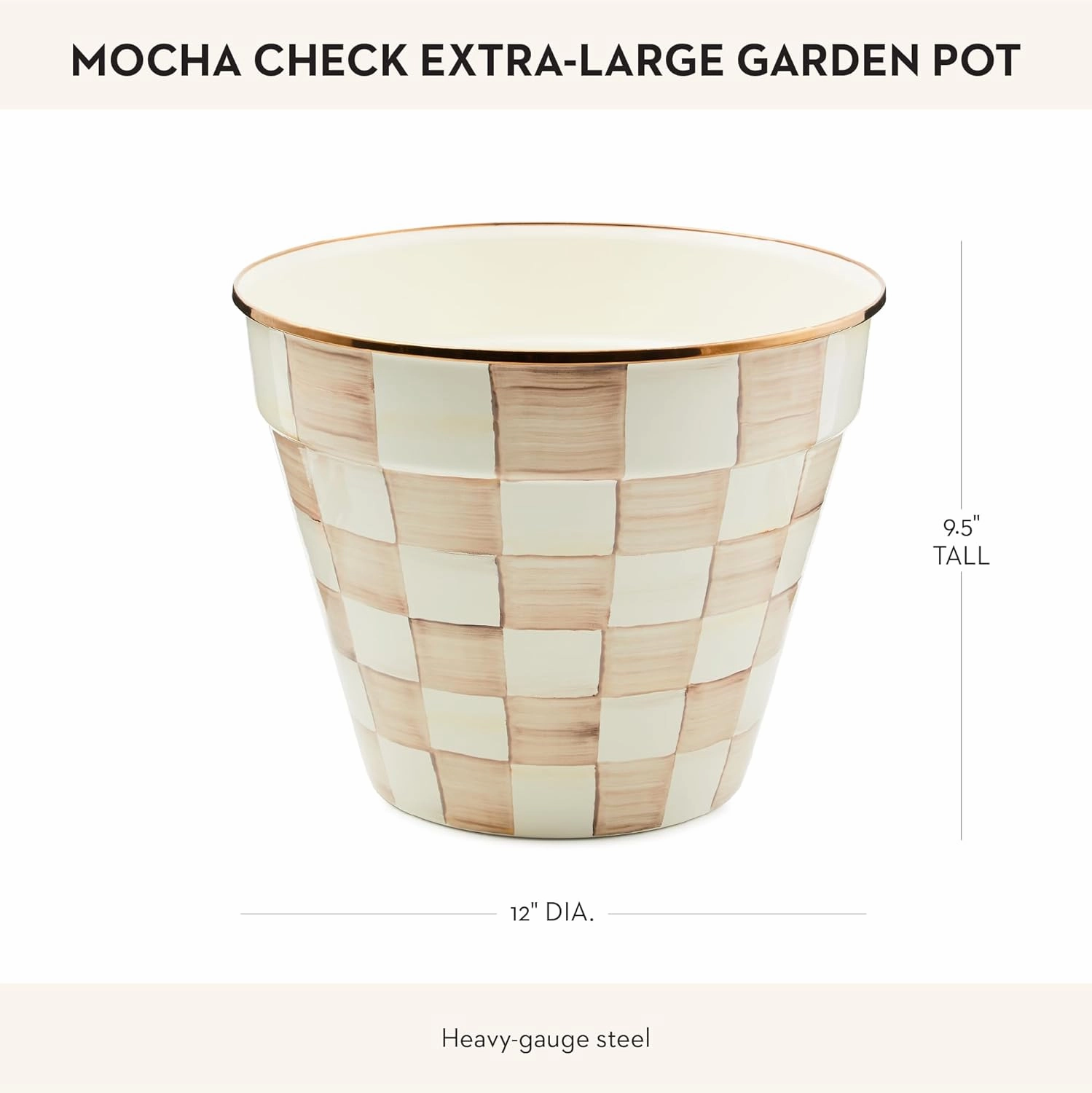 MACKENZIE-CHILDS Enamel Garden Pot, Decorative Pot for Plants, Outdoor Flowerpot Decor, Extra Large, Brown-and-White Mocha Check