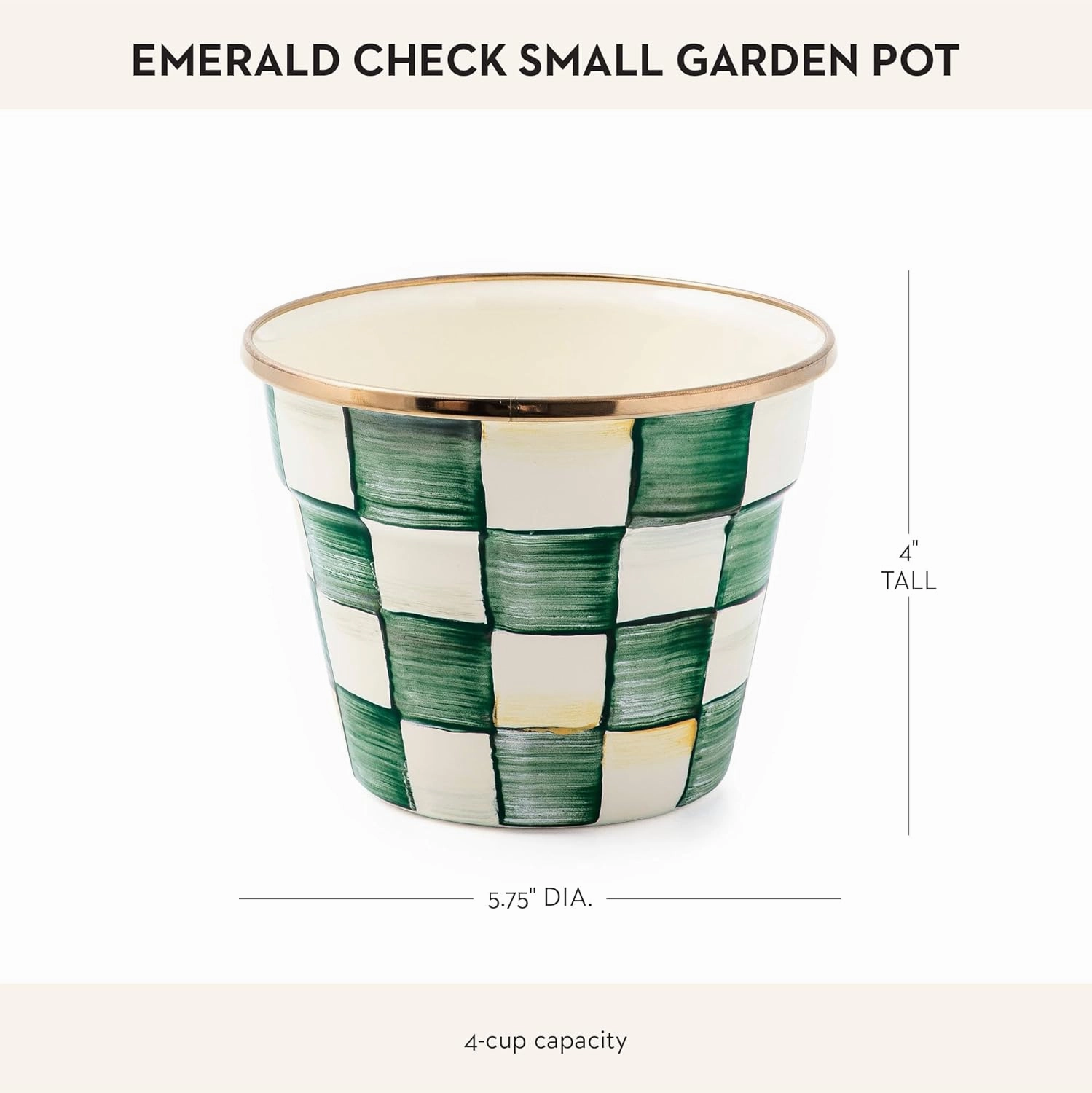MACKENZIE-CHILDS Enamel Garden Pot, Decorative Pot for Plants, Outdoor Flowerpot Decor, Small, Green-and-White Emerald Check