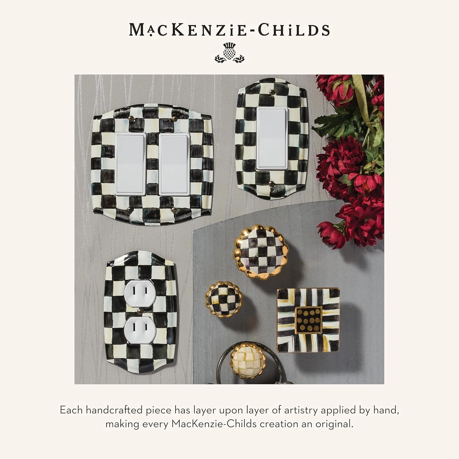 MACKENZIE-CHILDS Enamel Switch Plate, Light-Switch Cover, Single Rocker, Black-and-White Courtly Check