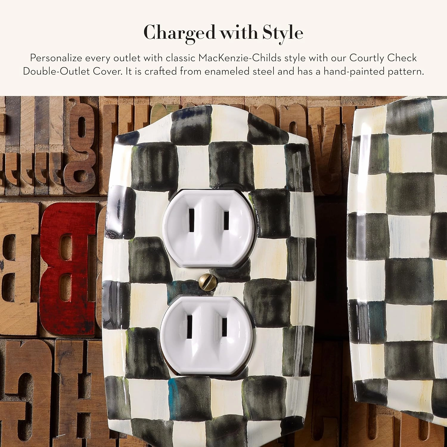 MACKENZIE-CHILDS Outlet Cover, Decorative Double-Outlet Cover Plate, Black-and-White Courtly Check