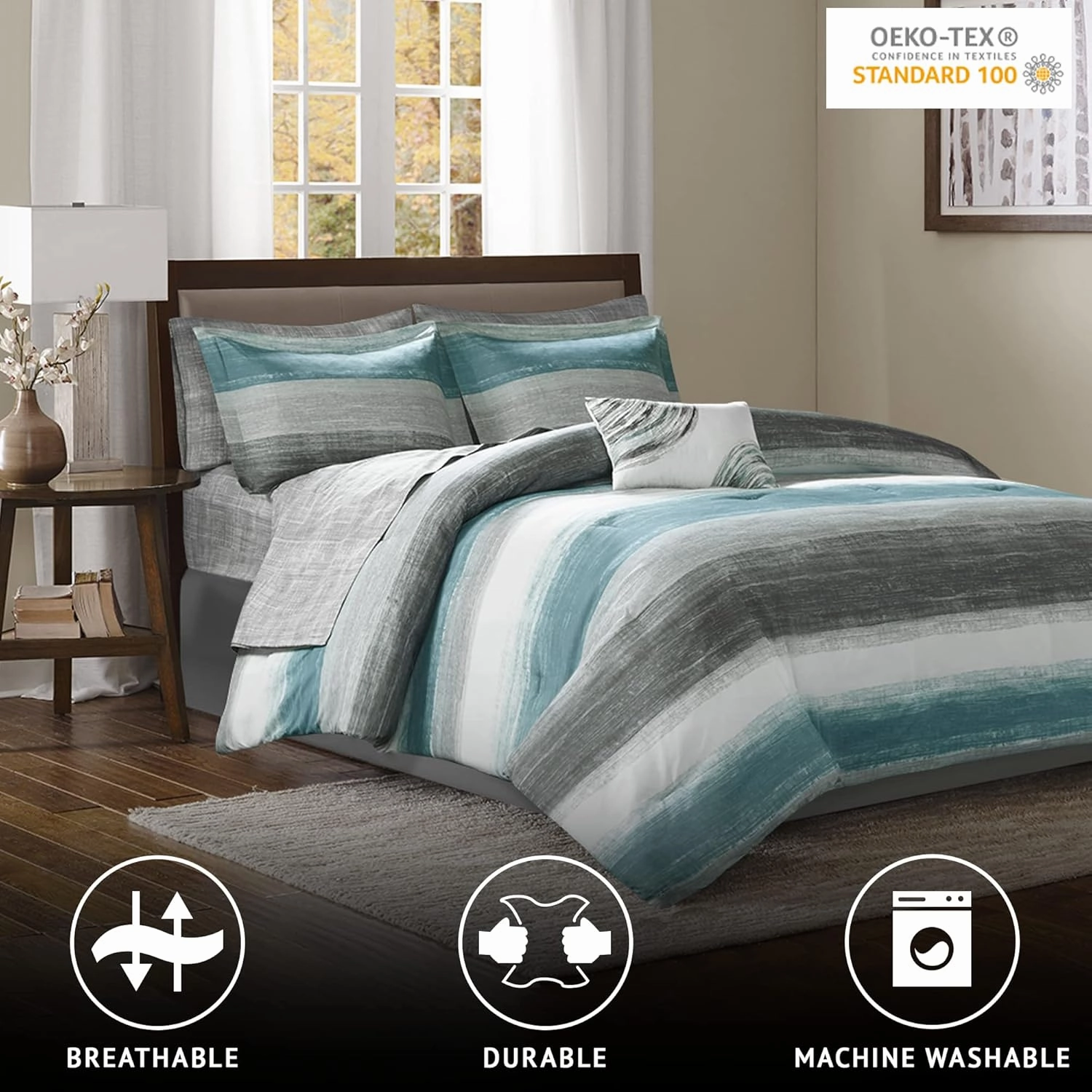 Madison Park Essentials King Comforter Set, Bed in a Bag King, Watercolor Print Coastal Comforter & Chambray Cotton Sheet Set, All Season Bedding Set, Saben, Aqua King (104 in x 92 in) 9 Piece